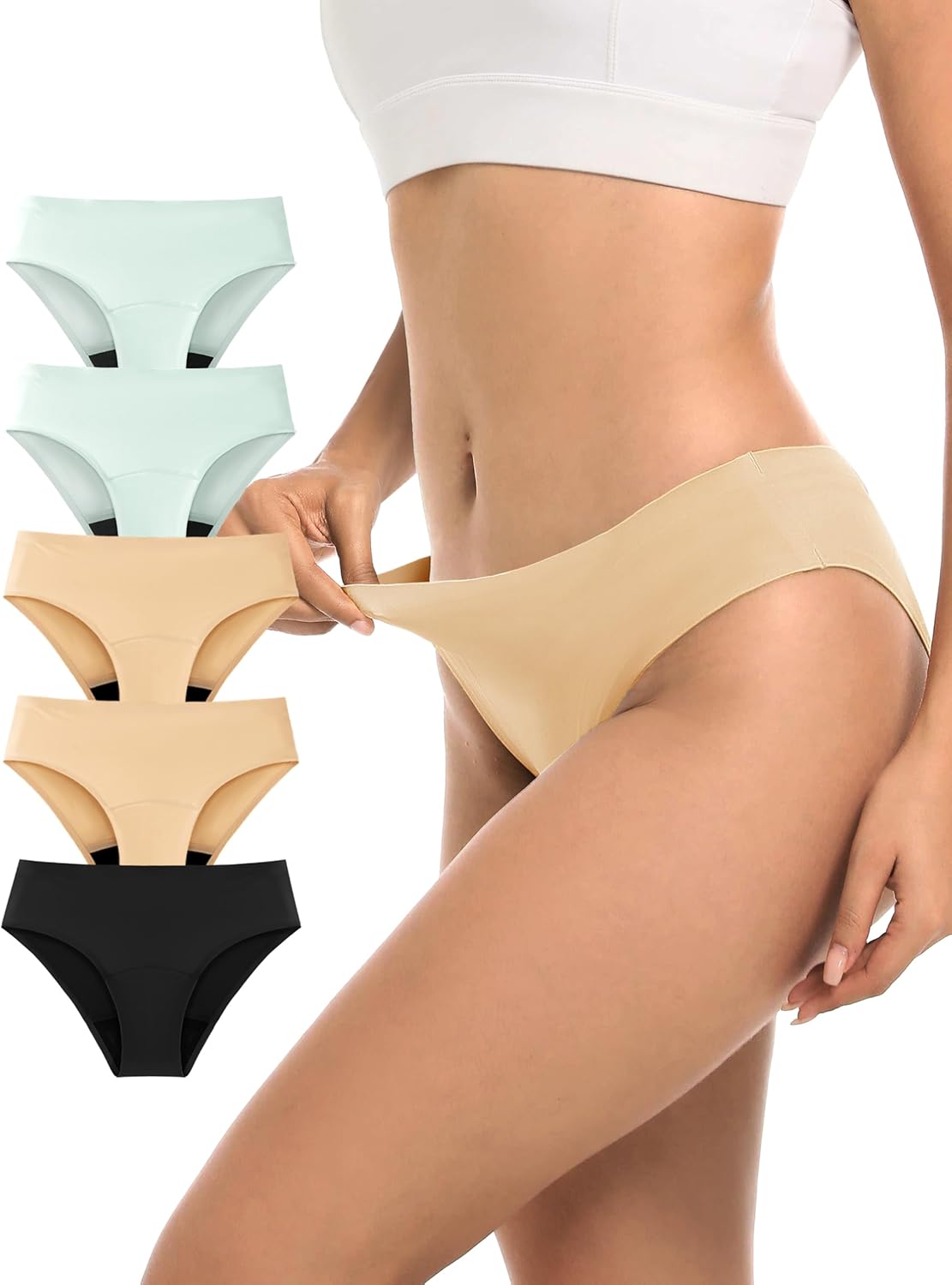 TIICHOO Period Underwear for Women 30 ml Period Seamless Leakproof Bikini 5 Pack (Medium,Green 2/Beige 2/Black)