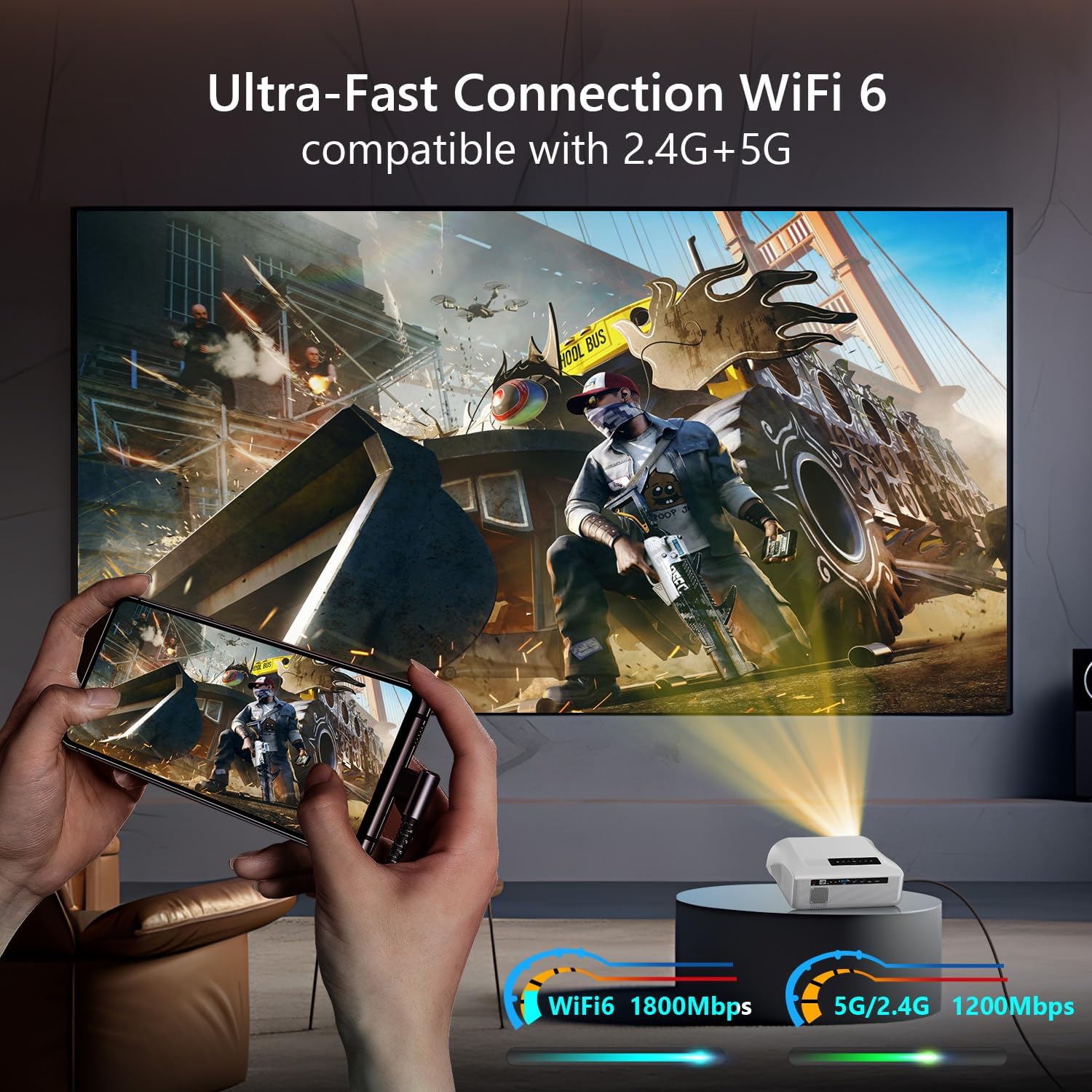 2000 ANSI Daytime Home Projector 4K, Smart Outdoor Projector with WiFi6 and Bluetooth, 38W Speaker HDMI 2.1 ARC, Android 11.0, Quick Focus 350" Screen Ultra HD Movie Projector for Gaming Business