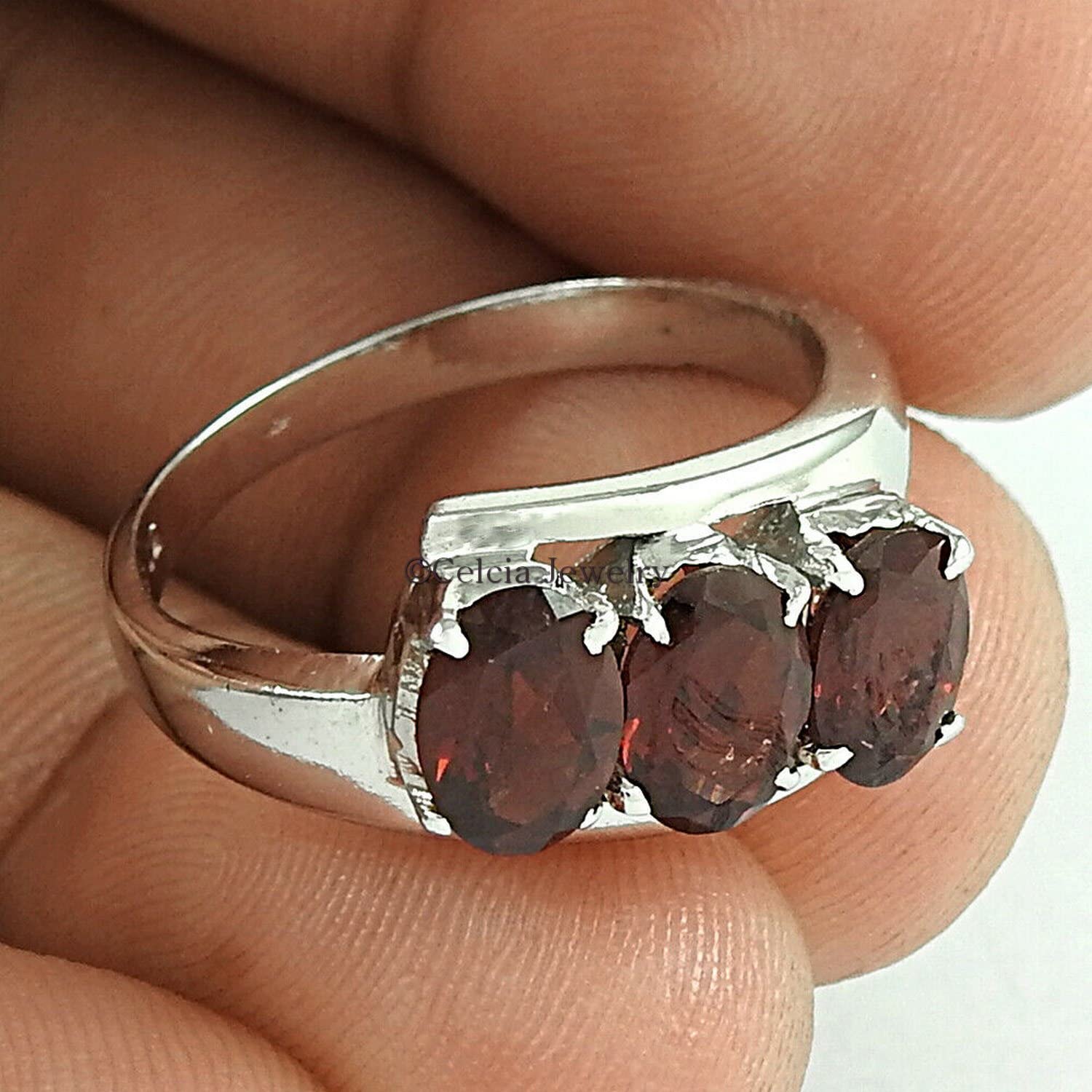 Anillo de piedras preciosas de granate natural, plata de ley 925 maciza, regalos para parejas, anillo de piedras múltiples, anillo apilable, piedra semipreciosa, piedra de nacimiento de enero