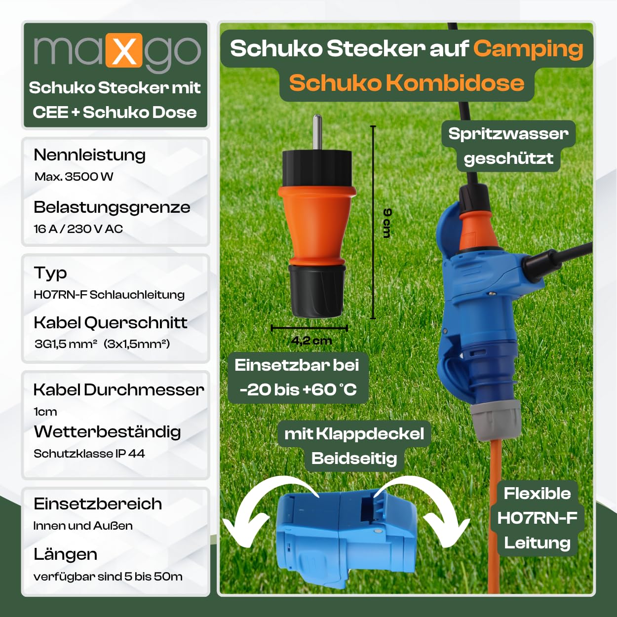 Adapterkabel Schutzkontakt Gummistecker IP44 auf CEE-Winkelkupplung mit integrierter Schutzkontaktsteckdose 16A H07RN-F 3G 1,5mm² (5m)
