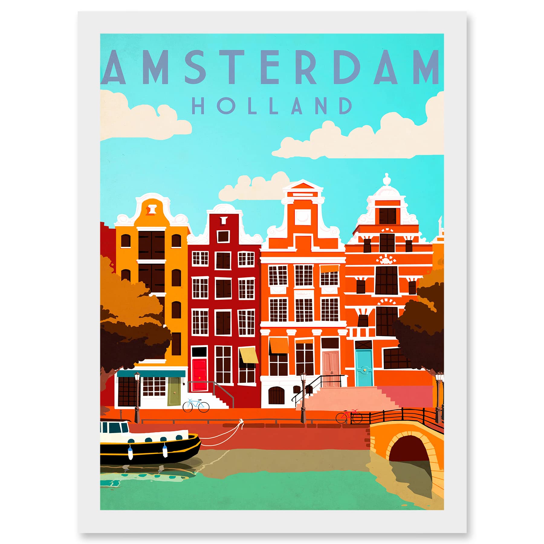 Artery8 Travel Tourism Amsterdam Holland Netherlands Canal Boat Houses Colourful A4 Artwork Framed Wall Art Print