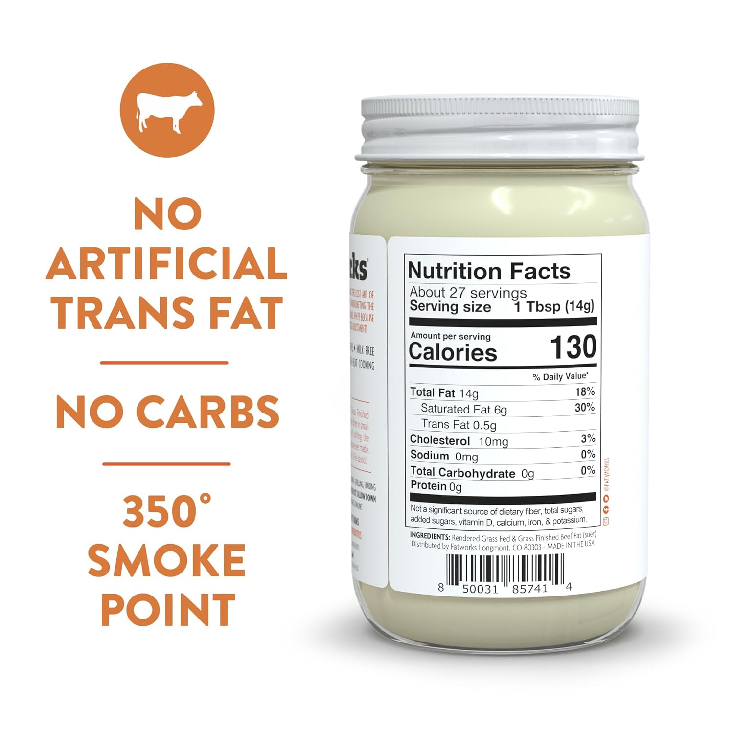 Fatworks Premium 100% Grass Fed, Pasture Raised Beef Tallow, Artisanally Rendered, WHOLE30 Approved, KETO, PALEO, 14 oz. 2pk