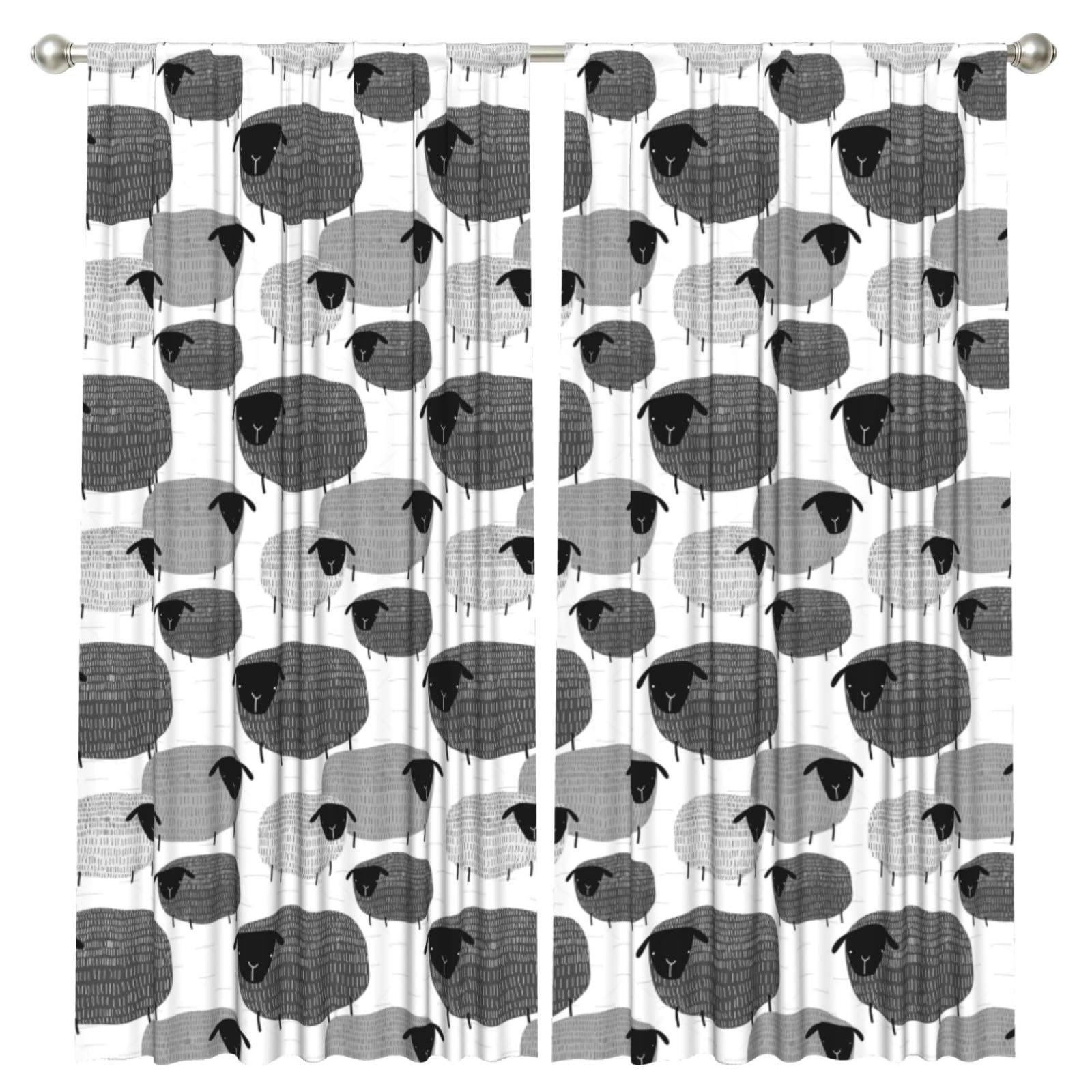 InOmak Funny Sheep On Gray Background, 2 Panels Window Curtains 52 x 84 Inch Blackout Curtains for Living Room Bedroom