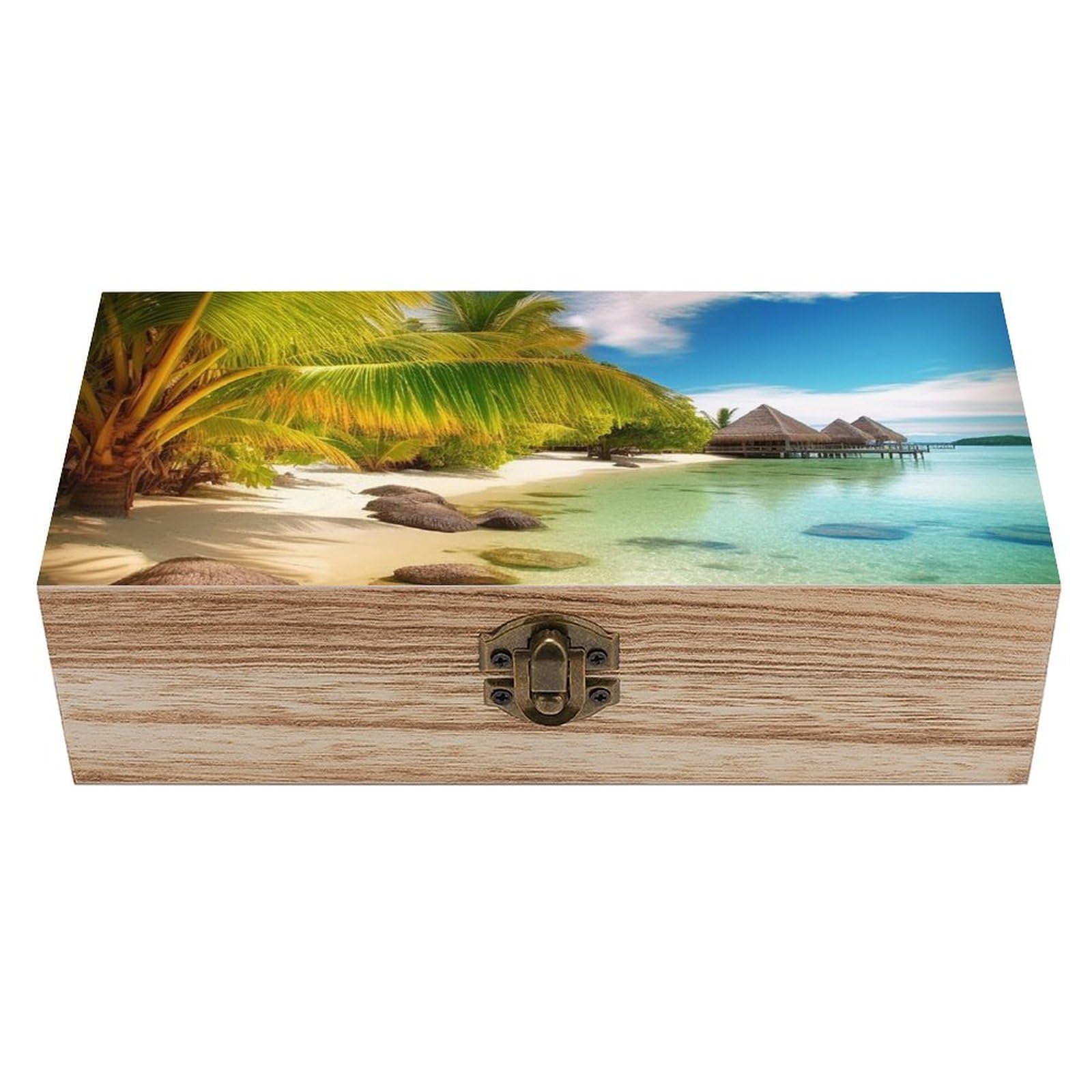 NTVOWPZO Wooden Storage Box Tropical Beach Scenery Wood Gift Box with Hinged Lid Vintage Decorative Boxes Jewelry Memory Box for Jewelry Art Hobbies Home Storage Treasure Keepsake Gift
