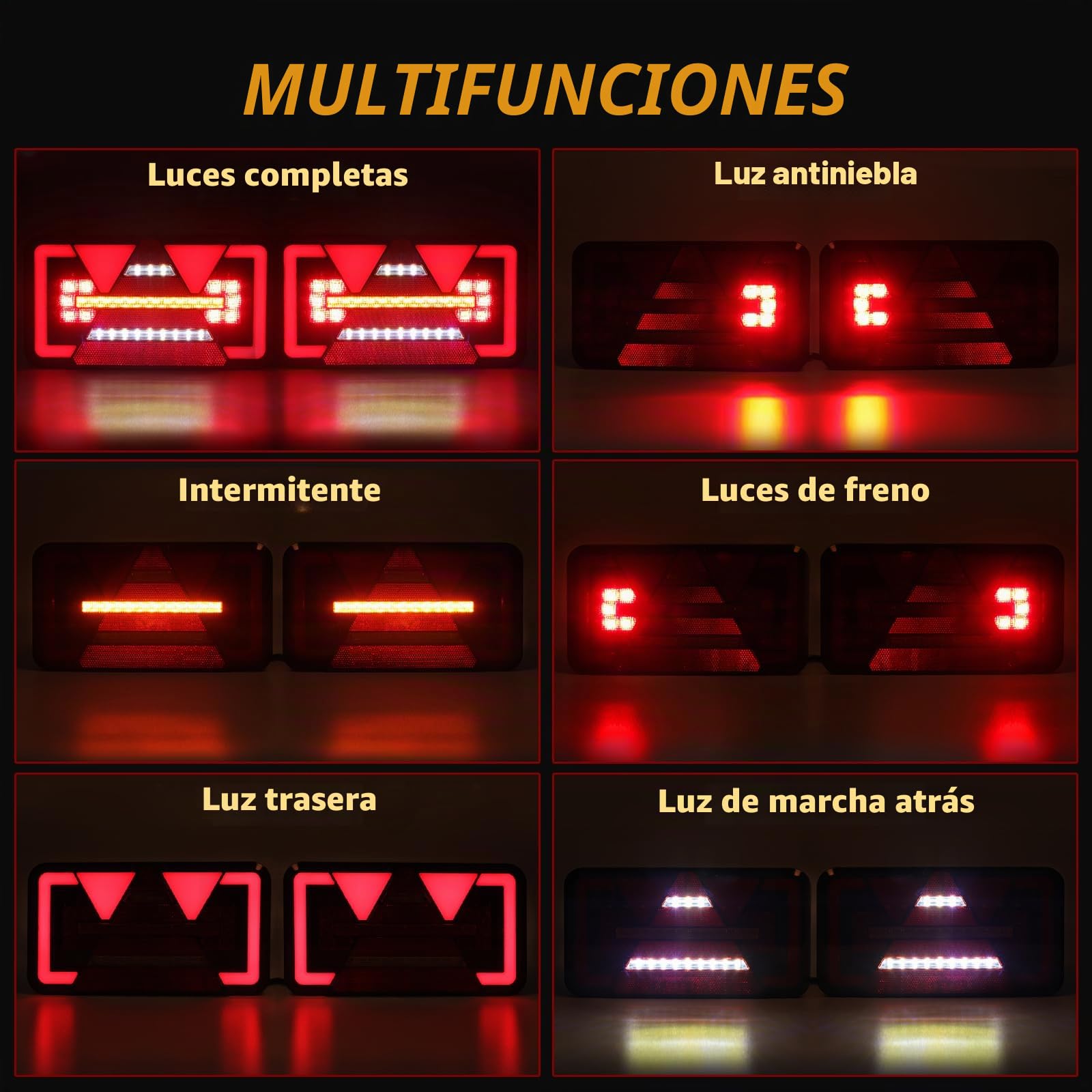 Pilotos Traseros Remolque, 12V/24V Iluminación del Remolque, 6 funciones, Montaje de Tornillos, pilotos led remolque homologados para Camión, Remolque, Caravan E9