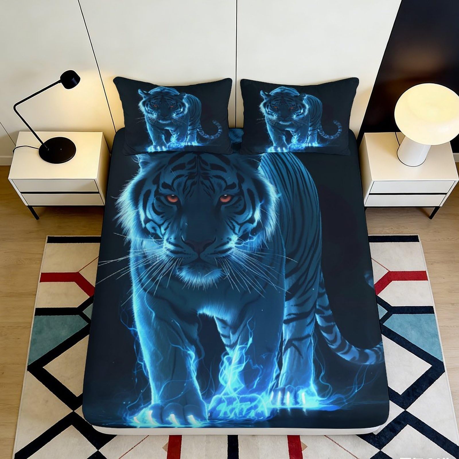 3D Printed Blue Tiger Fitted Sheet Microfiber Soft Breathable Electric Animal Mattress Cover for Bedroom Dorm Decor 200x200x25cm