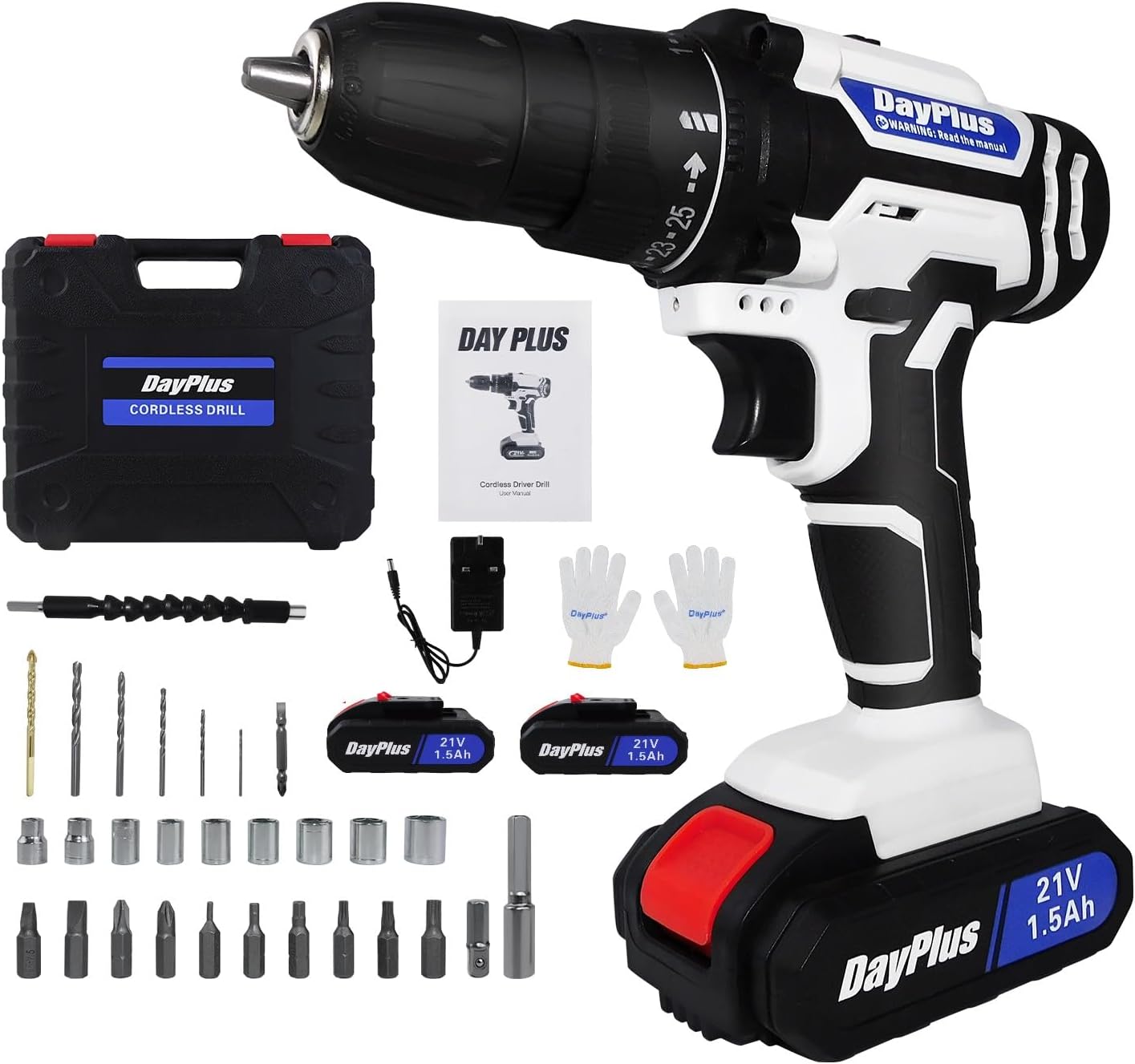 Cordless Drill Driver 21V, Cordless Drill Power Tool with 25+1 Torque, 2 Speed, LED Light, 29 Accessories, Combisaw & Screwdriver Kit for Home and Garden DIY, (2 Batteries)-White