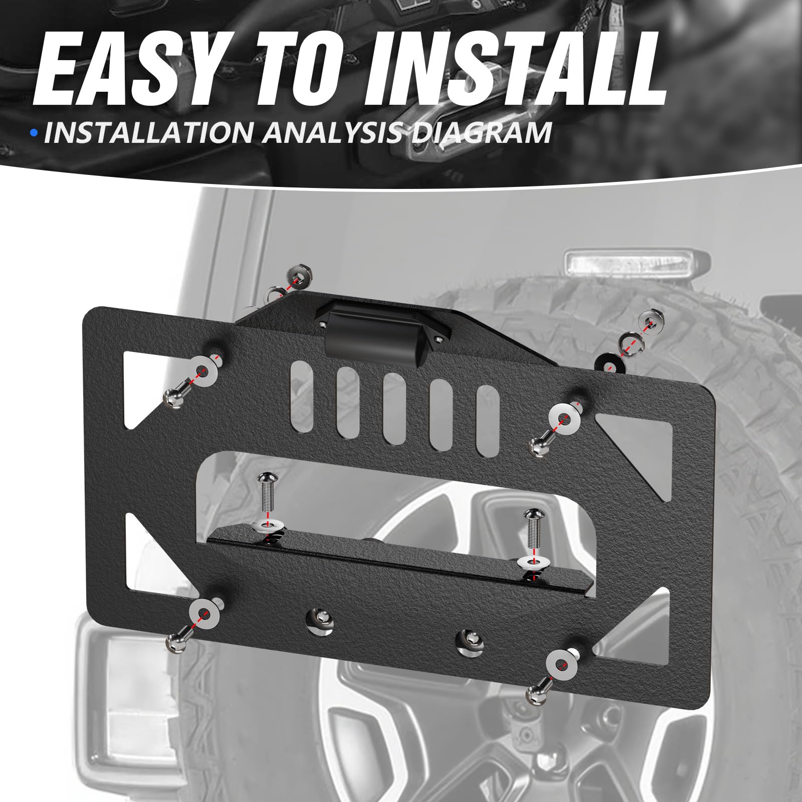 License Plate Holder Bracket With LED Light For Jeep Wrangler TJ JK JL - Front/Rear, Black Steel 7 thumbnail image
