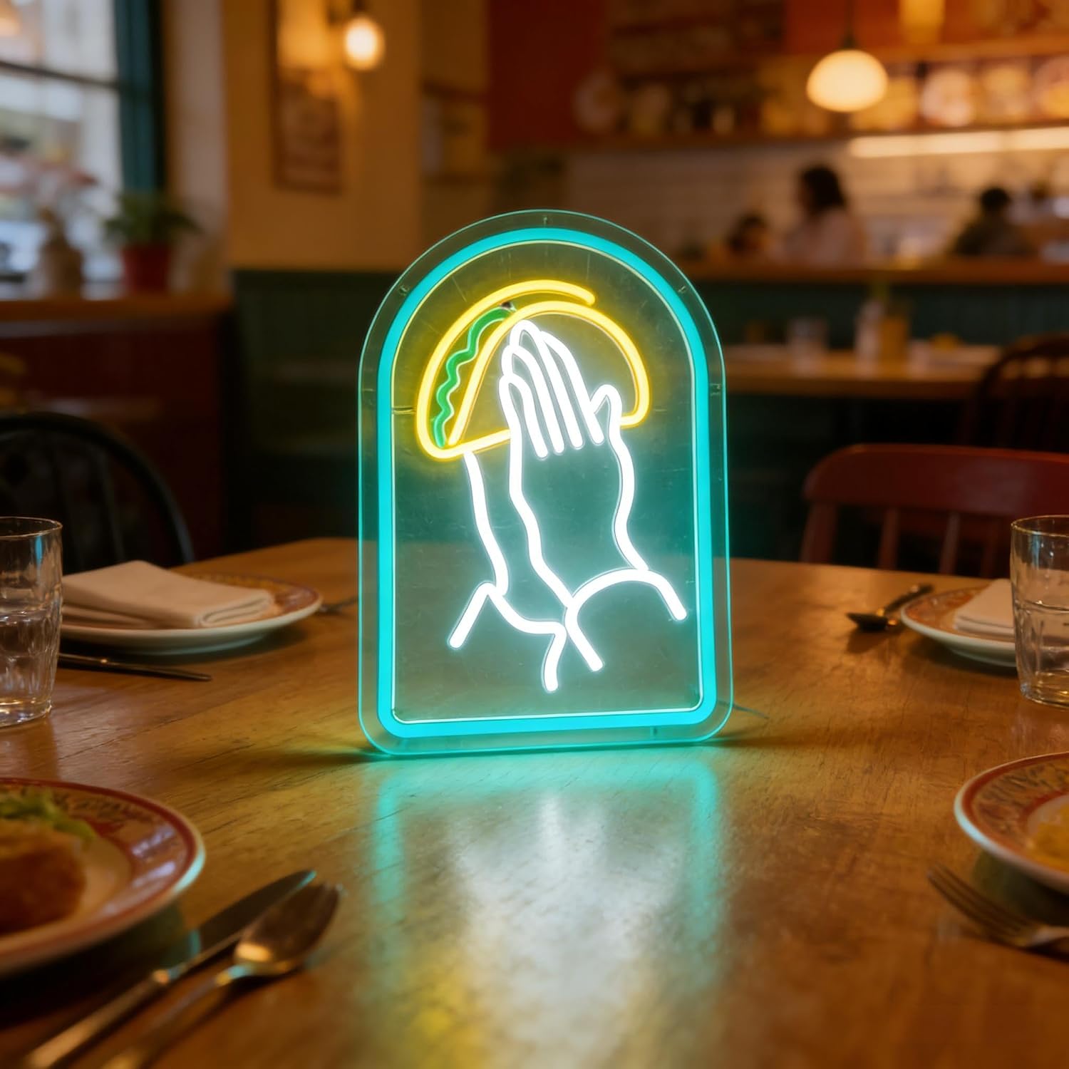 Taco LED Neon Sign, Holding Taco Hand Accent USB Powered Decorative Light Mexican Food Theme Decor for Restaurant Kitchen Bedroom Party Home Wall Table Light Up Sign 15.4 x 10 In