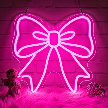 Pink Bow Neon Sign for Wall Decor, Cute LED Bowknot Neon Light with USB Power & Dimmer Switch, Aesthetic Room Decor for Girls Bedroom, Beauty Room, Nursery, Party Decoration