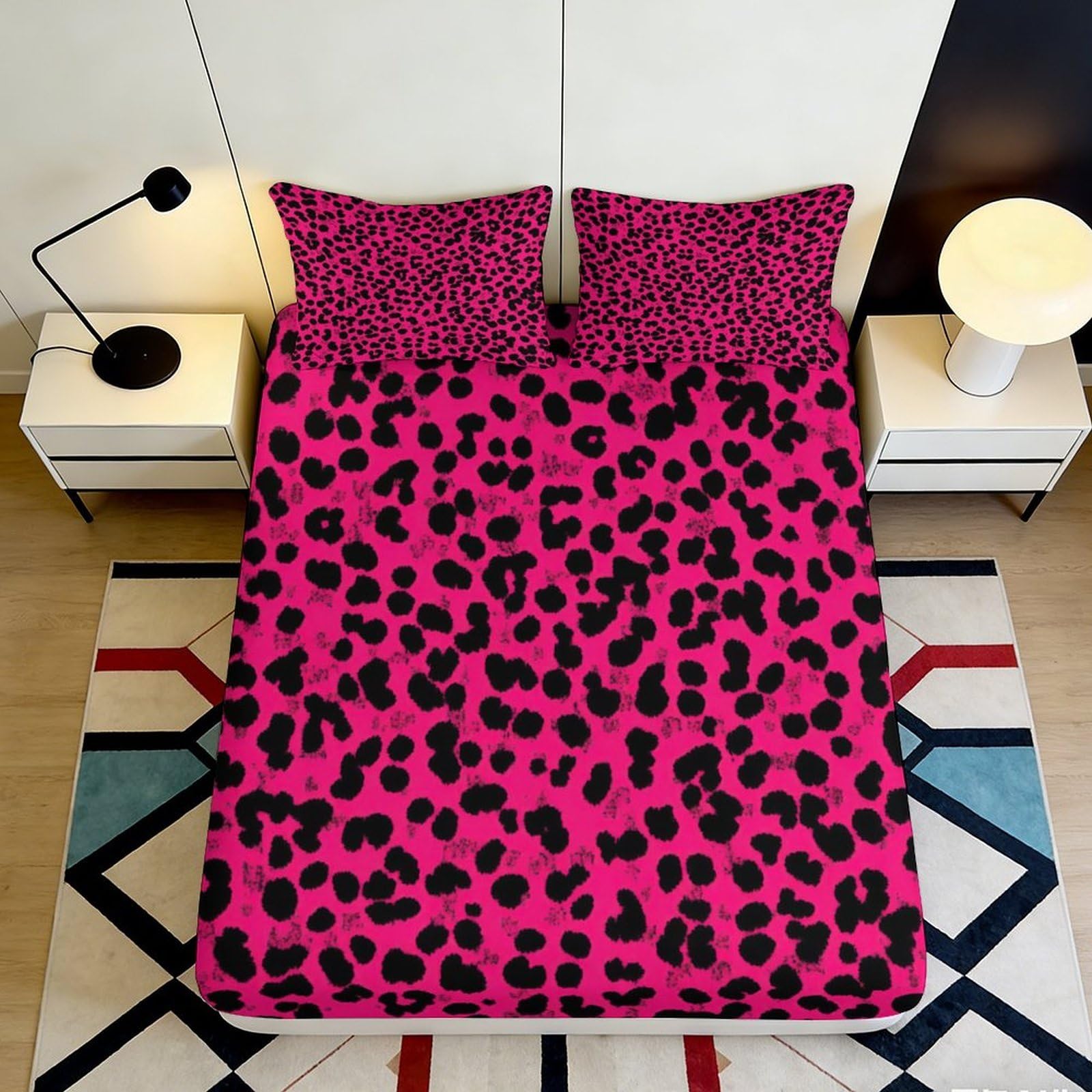 3D Printed Pink Leopard Fitted Sheet Microfiber Soft Animal Spot Bed Cover for Bedroom Dorm Mattress Protection Decor 90x200x25cm