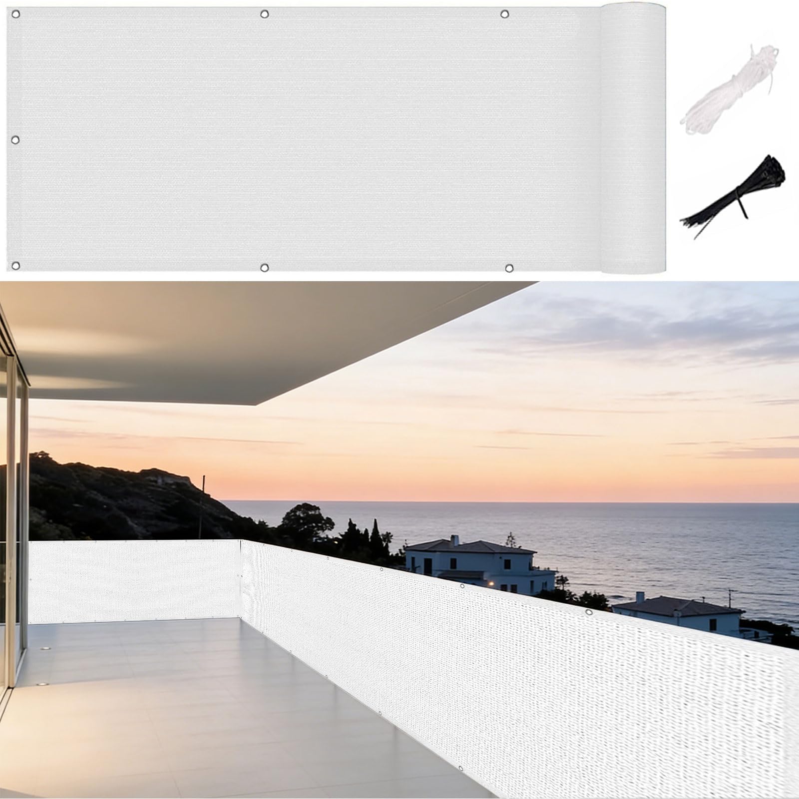 Filet d'ombrage blanc 60x290 cm en toile HDPE pour balcon et jardin