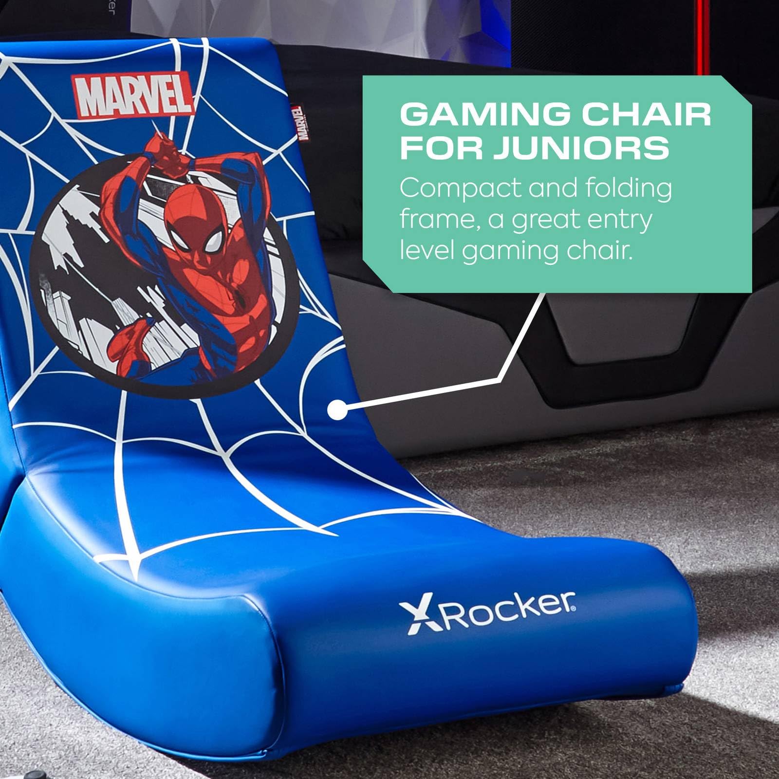 X-Rocker Chaise de jeu officielle Marvel Spider-Man Video Rocker pour garçons, siège à bascule pliable, avec licence Spiderman, siège de jeu en simili cuir, pour enfants Hero - Spider Man Edition BLEU