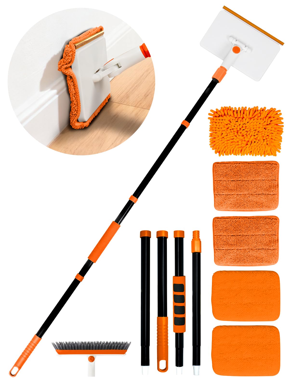 4-in-1 Baseboard Cleaning Tool with Extendable Handle 5 Reusable Pads 1 Carpet Rake Stiff Bristle Brush Multi-Surface Baseboard Brush for Cleaning Baseboard Wall Carpet Floor Bathroom Kitchen Pet Hair