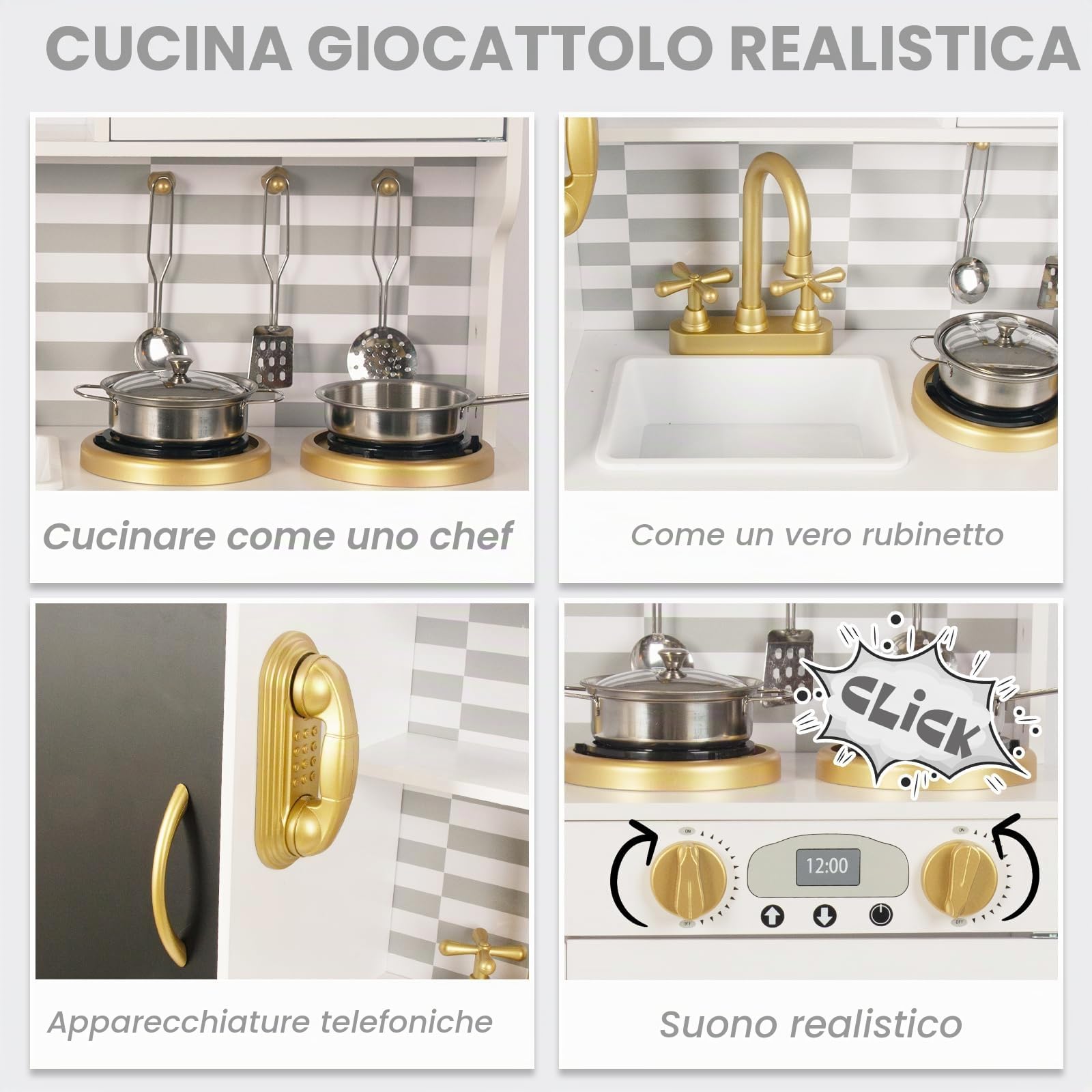 WOODENFUN Cucina Giocattolo in Legno per Bambini con Lavagna, Telefono, Pentola, Cucchiaio, Regalo Cucina per Bambini dai 3 Anni (Bianco Latte)