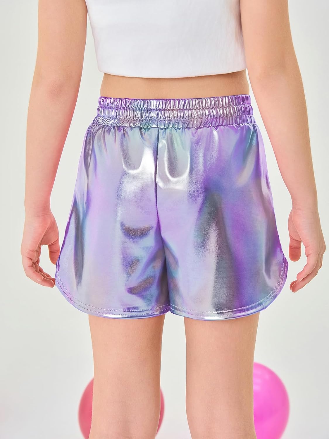 Haloumoning Girls Metallic Shorts Sparkly Dance Outfits Elastic Drawstring Shiny Hot Short Pants 5-14 Years