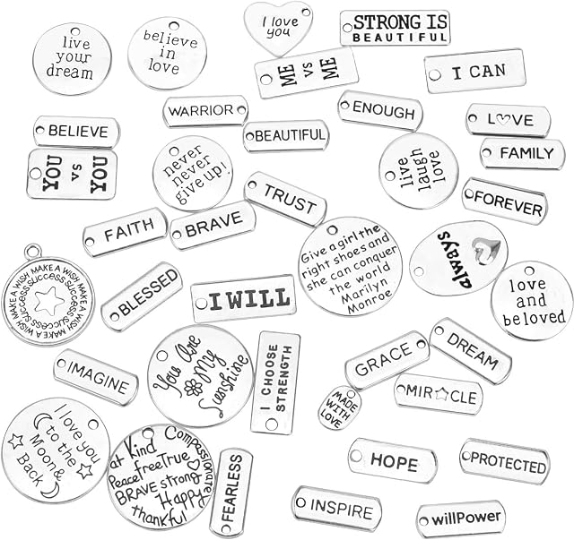 Hifot Inspirational Word Charms Pendants 40pcs Craft Supplies, DIY Keychain Bracelets Necklace Jewelry Making Accessory