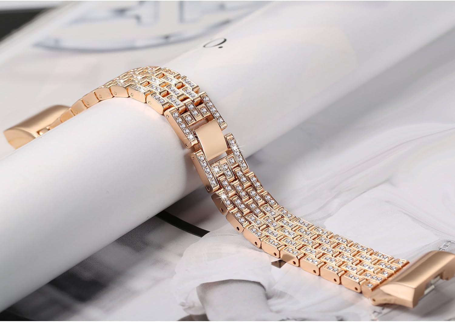 bayite Metal Bands Compatible Fitbit Charge 2, Replacement Accessories Bracelet Rhinestone Bling, Rose Gold