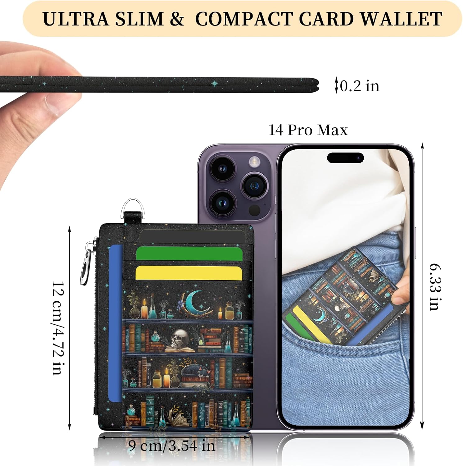 Goth Bookshelf Skull Cat Wallet Women Credit Card Holder Funny Gothic RFID Blocking Small Card Wallets Mini Front Pocket PU Leather Thin Travel Zipper Coin Cash Ladies Female Wallet Gifts - Image 2