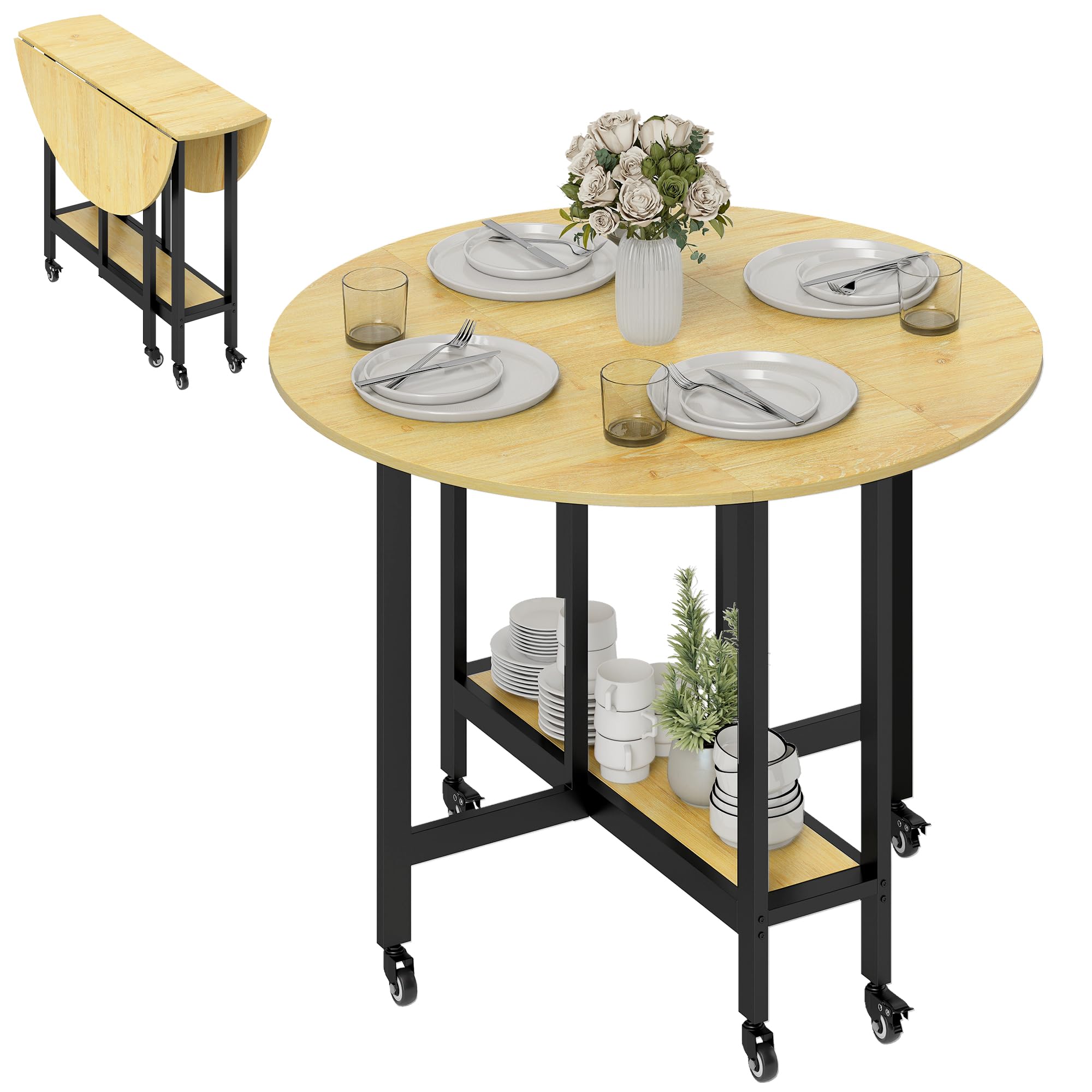 HOMCOM Mesa Plegable sobre Ruedas Redonda 100 x 100 x 75 cm Roble | Mesa de cocina para 4, 2 hojas abatibles, estante inferior, espacios pequeños, comedor