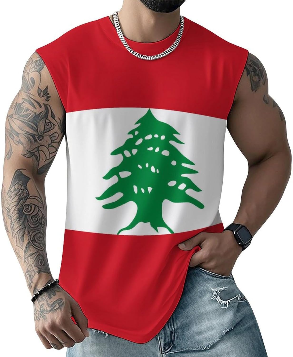 Lebanon Flag Men Summer Sleeveless Crew Neck Top 5XL