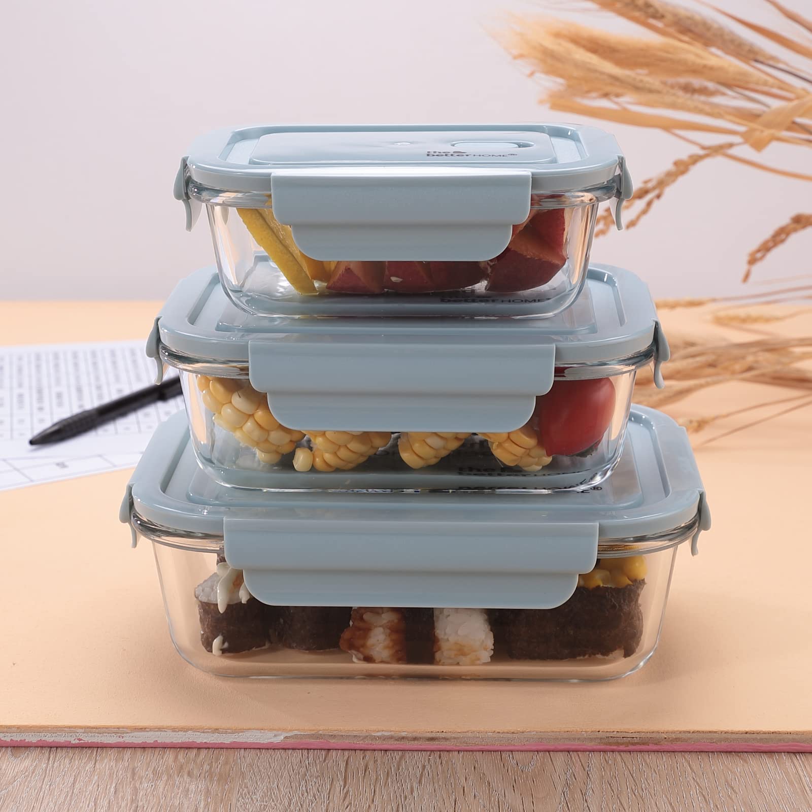 The Better Home Juego de recipientes herméticos de vidrio para almacenamiento de alimentos (1040 ml, 680 ml, 410 ml), a prueba de fugas, lonchera hermética para oficina, nevera y escuela, vidrio de