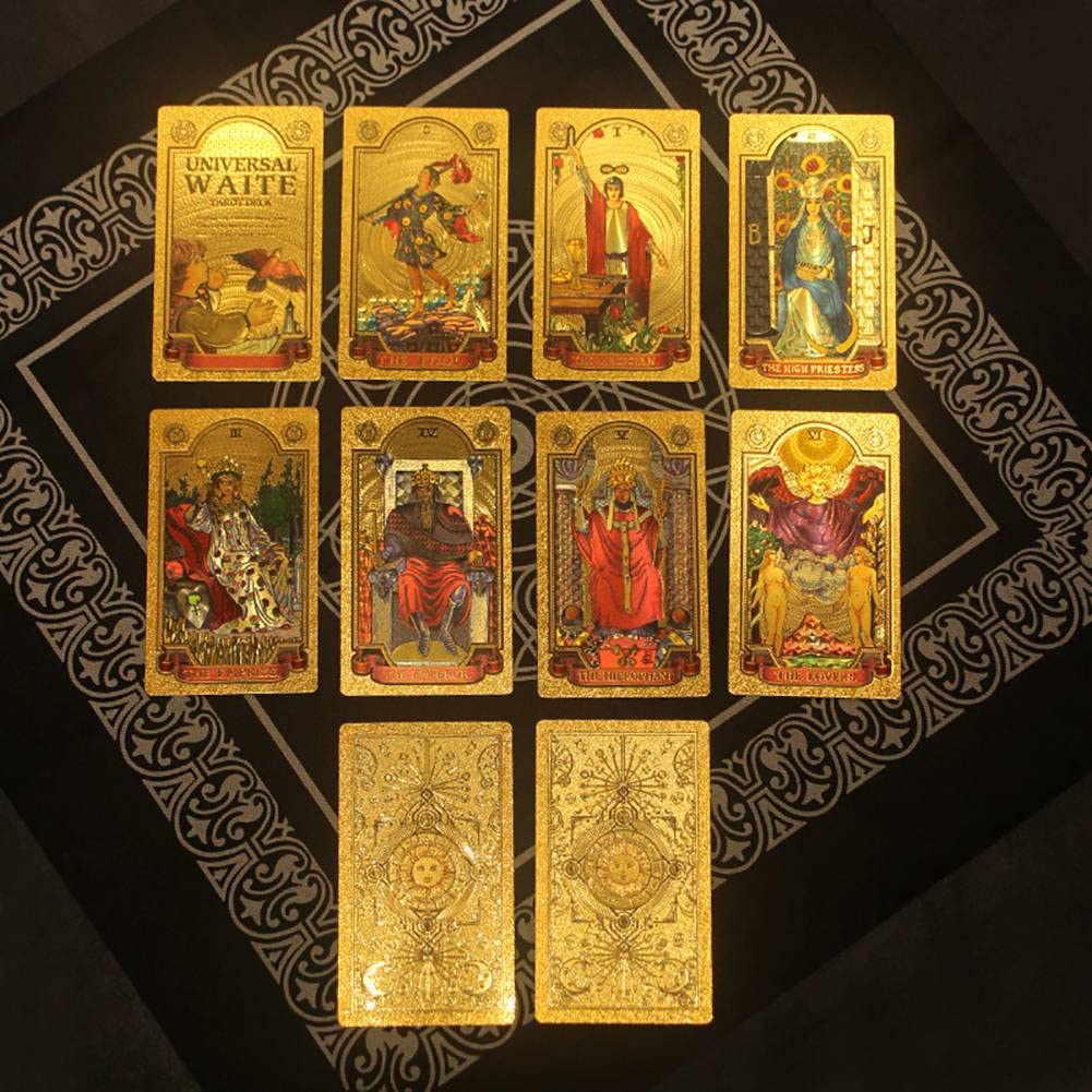Générique Jeu de Tarot en Feuille d'or, ce Jeu est Un favori pour Les Joueurs débutants et expérimentés (édition Collector) Gold Foil Tarot Deck,Red Cloth,13.6cm*8.5cm