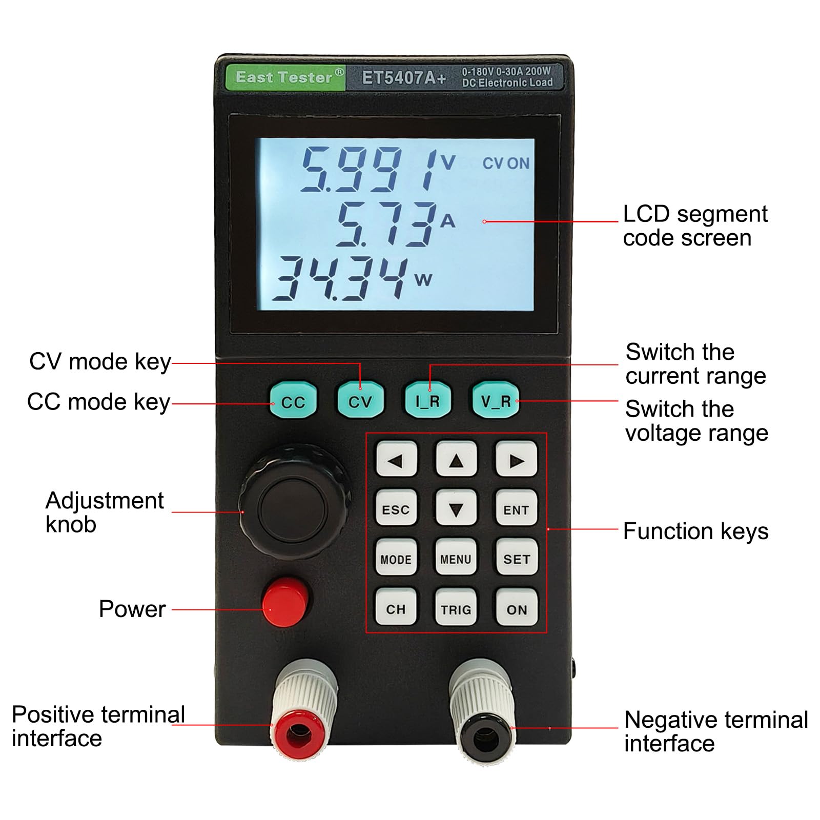 ET5407A+ - Tester di carica elettronico programmabile DC 0-180V 0-30A batteria Discharge & Power Supply Tester con CC/CV/CR/CP High Accuracy 1mV/1mA Resolution USB Control Display LCD