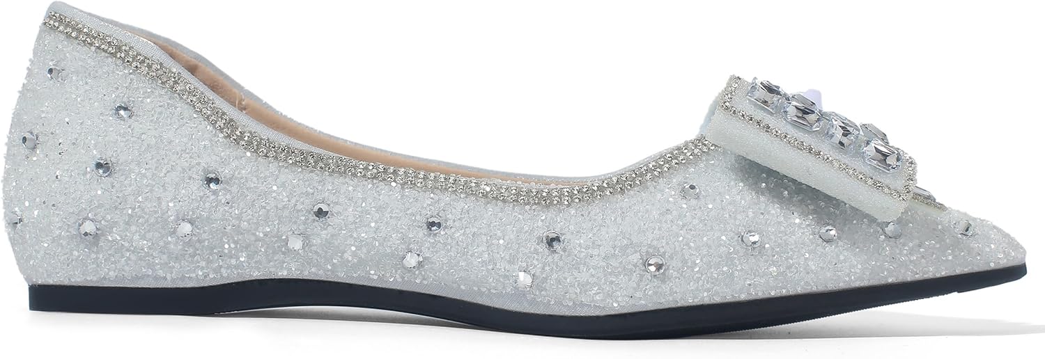 Women's Pointed Toe Flats Diamond Bow Sequin Comfortable Slip On Flats Light Weight Dress Shoes