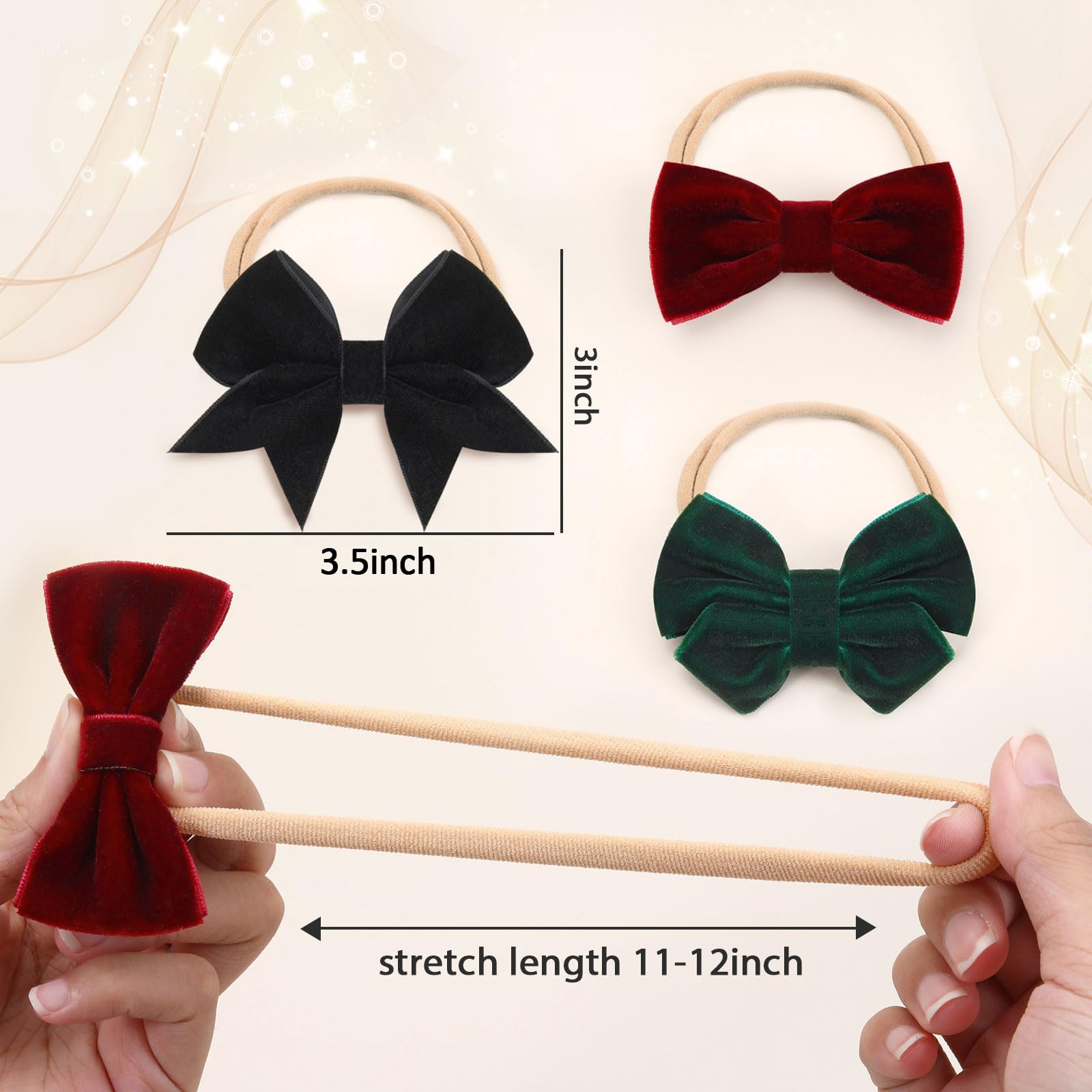 Lazos de terciopelo de 4 pulgadas, 3 diademas elásticas de nailon hechas a mano, lazos para recién nacidos, diademas para bebés y niñas recién nacidas