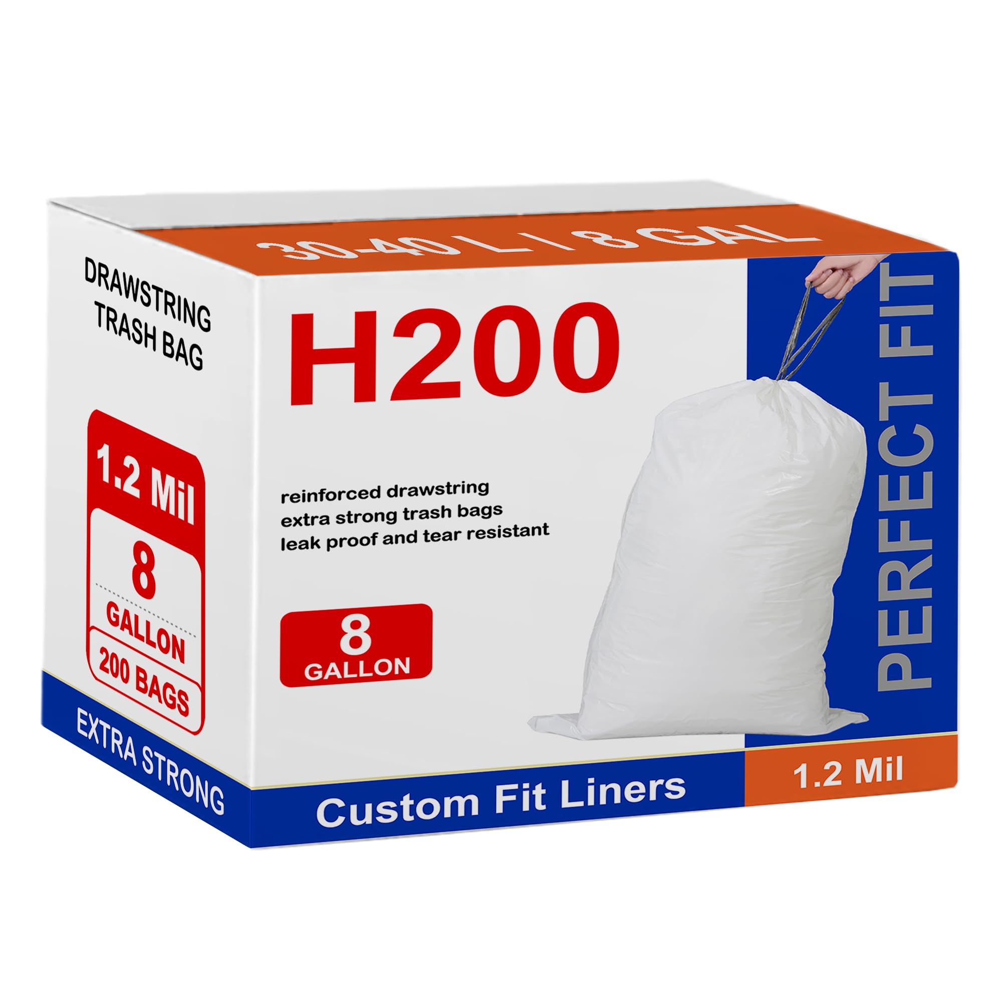 Code H 200 Count 8 Gallon Heavy Duty 1.2 Mil THICK with Reinforced Drawstring Plastic Trash Bags Compatible with simpIehuman Code H | White Garbage Can Liners 8 Gallon/30-40 Liter GRAND SAVE!