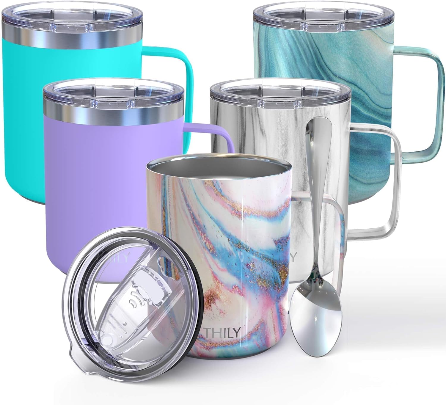 THILY Stainless Steel Insulated Coffee Mug 12 oz Vacuum Insulated Coffee Cup with Handle, Spill-Proof Lid, Keep Coffee Cold, Pink Ripple