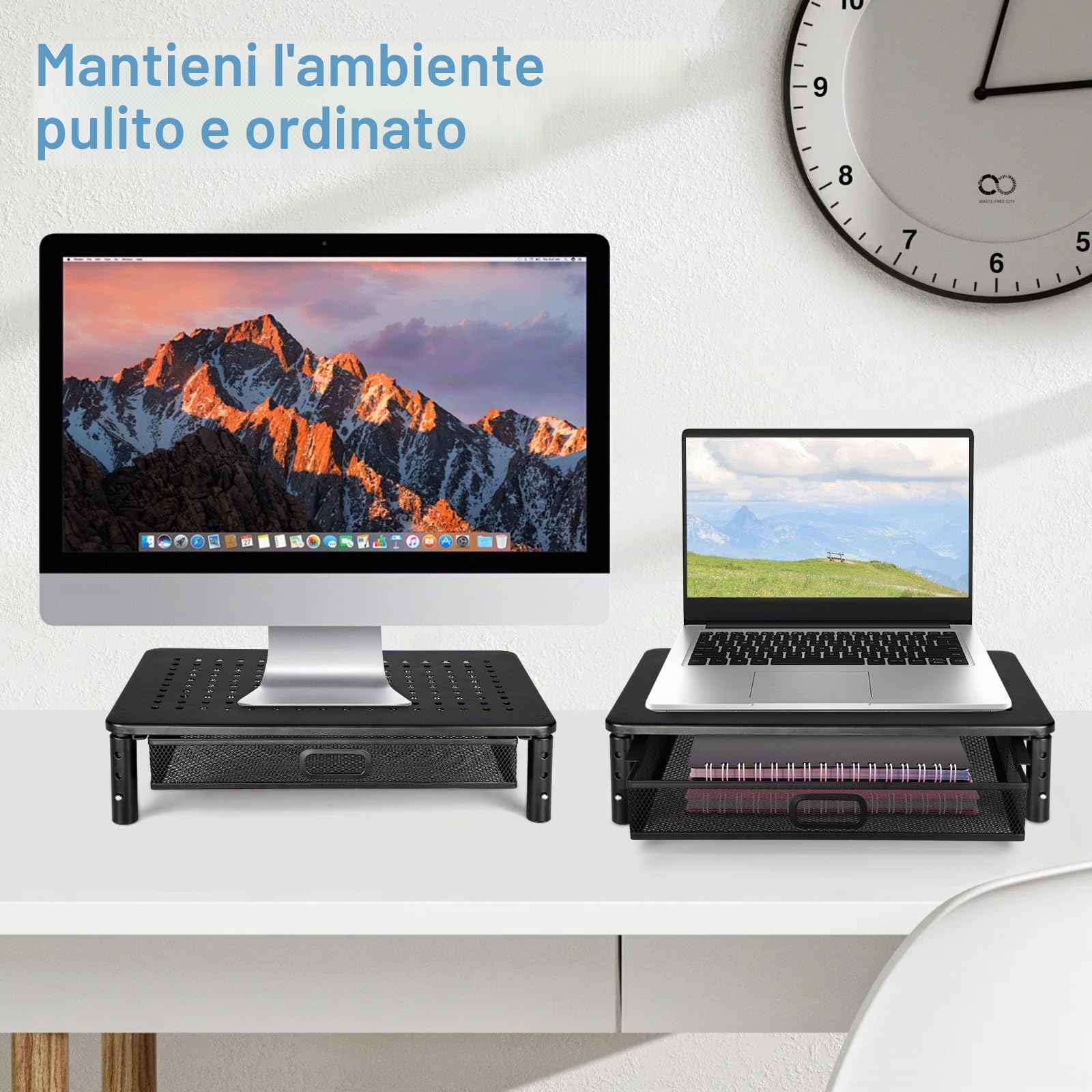 seOSTO Supporto per monitor con cassetto, supporto per monitor, 3 altezze regolabili con organizer, rialzo per monitor in metallo per laptop, computer, PC, stampante