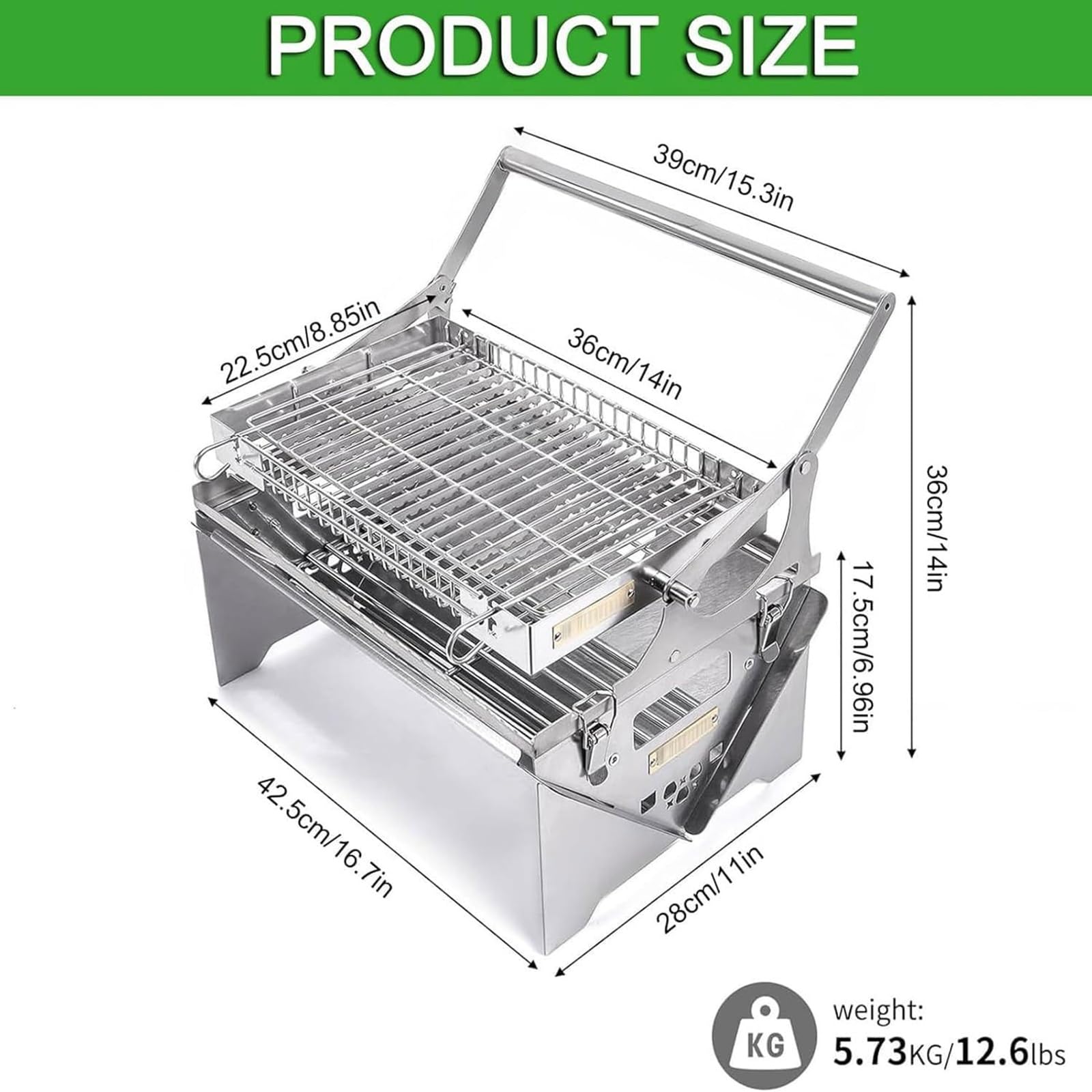 Barbecue portatile in acciaio inox a carbonella, girevole a 360°, facile da smontare, per picnic, campeggio, terrazza, feste, cucina all'aperto