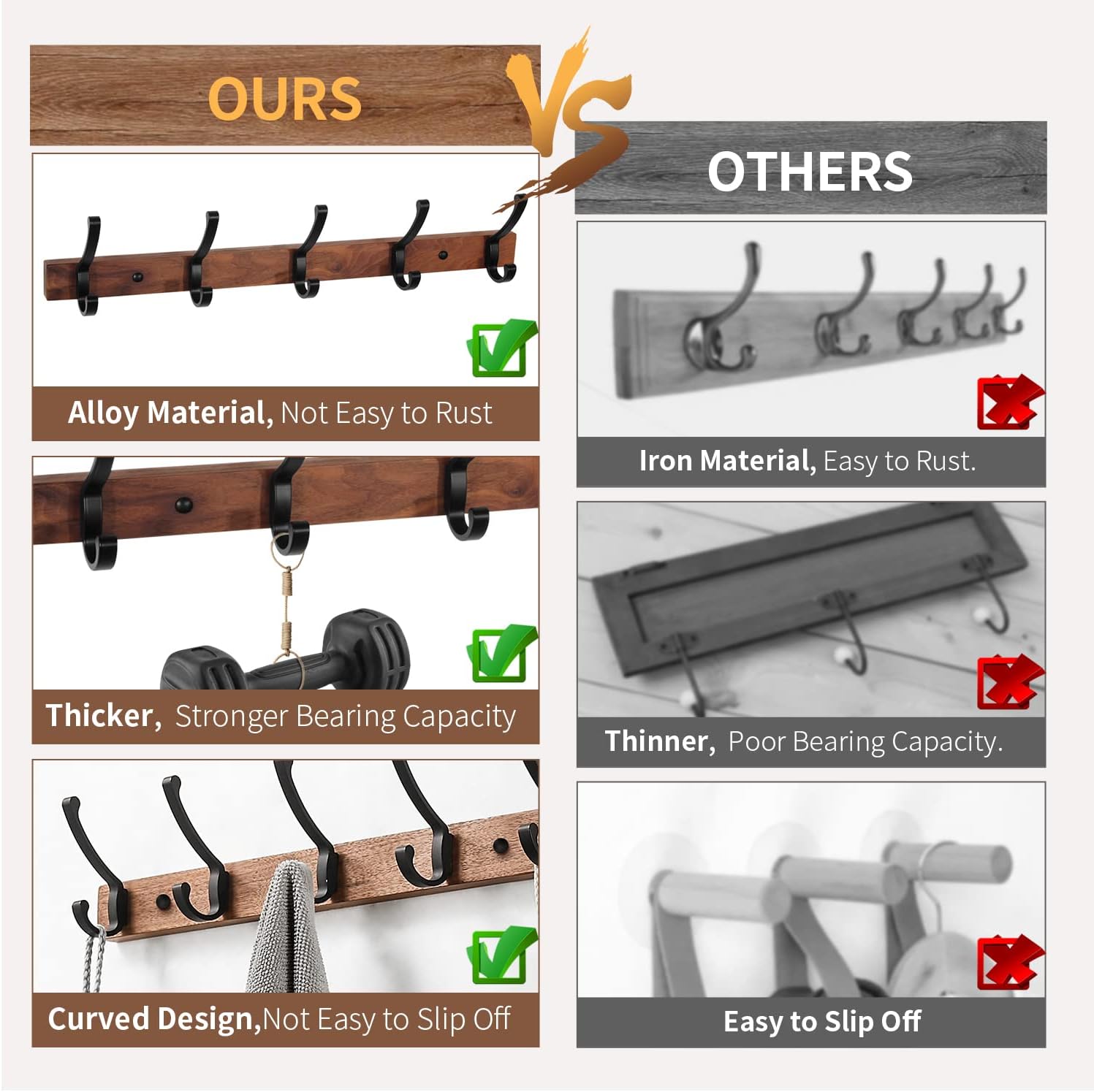 Coat Rack Wall Mounted, Heavy Duty Walnut Wood Hook Rack Rail with 5 Double Dual Metal Wall Hooks for Hanging Coats, 19.7" Long Hanging Coat Hanger for Entryway, Bathroom, Bedroom (Black) image 3
