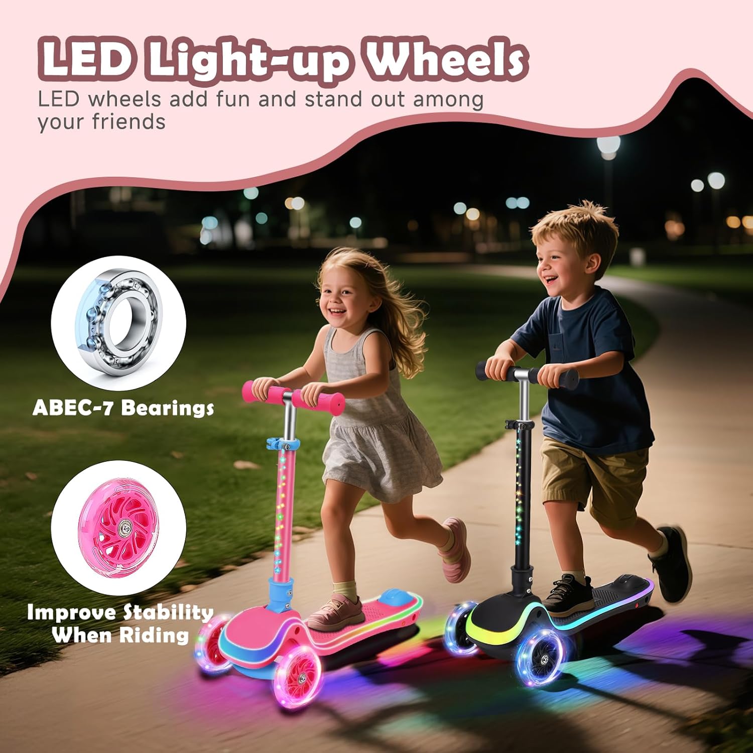 Kids Scooter with Seat, 2 in 1 Kick Toddler Scooter with LED Light-Up Wheels and Light up Deck, 4 Adjustable Heights, Lean to Steer, 3 Wheels Scooter Suitable for Boys & Girls Ages 2-8 Years