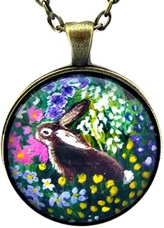 Laura Milnor Iverson Brown Bunny Rabbit in Flower Garden Handmade Pendant Necklace Handmade Jewelry