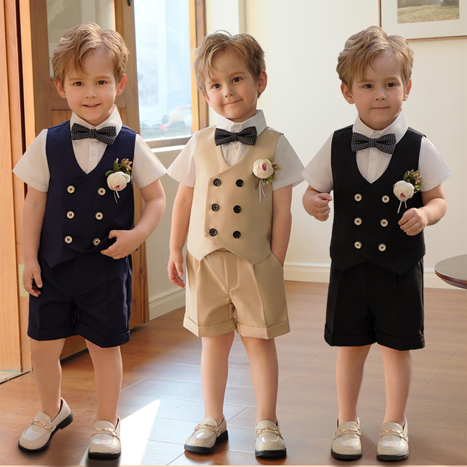 LOLANTA Traje de verano para niños, ropa de vestir para niños, camisa, chaleco, pantalones cortos, pajarita, chaleco, esmoquin, traje de portador de anillos de boda