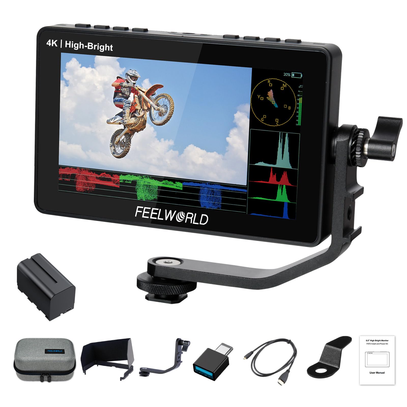FEELWORLD F5PROX Kamera Field Monitor 5.5 Zoll 1600Nit Touchscreen 3D LUT 1920x1080 IPS 4K HDMI DSLR Camera Monitor mit F970 Akku Kameratasche Typ-C-Eingang