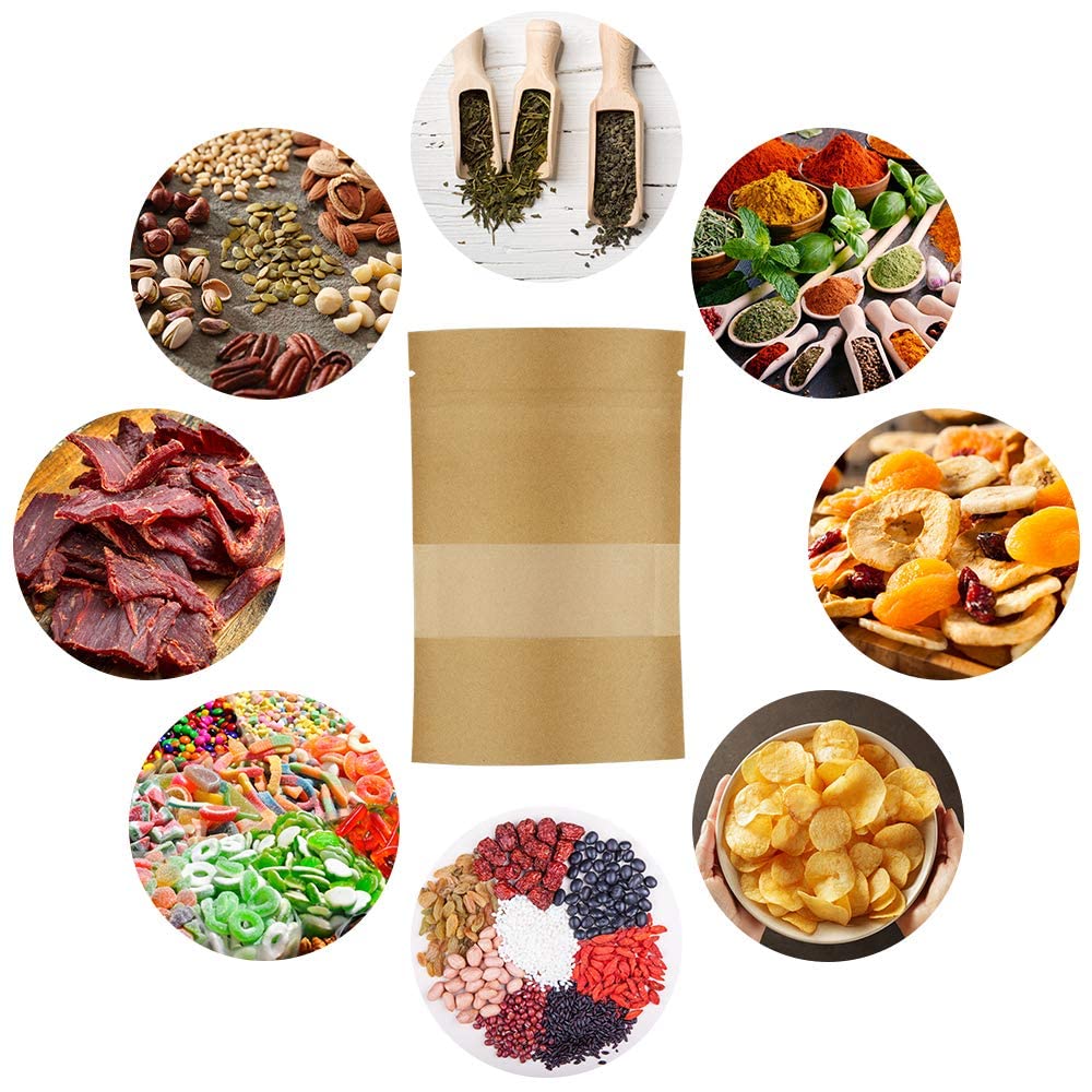 Sacchetti Kraft con Finestra, Sacchetti con Chiusura, Sacchetti per Caffè, Sacchetti per Caramelle per Noci, Dolci, Chicchi di Caffè, Foglie Tè ecc. Marrone 9x14cm 100PZ