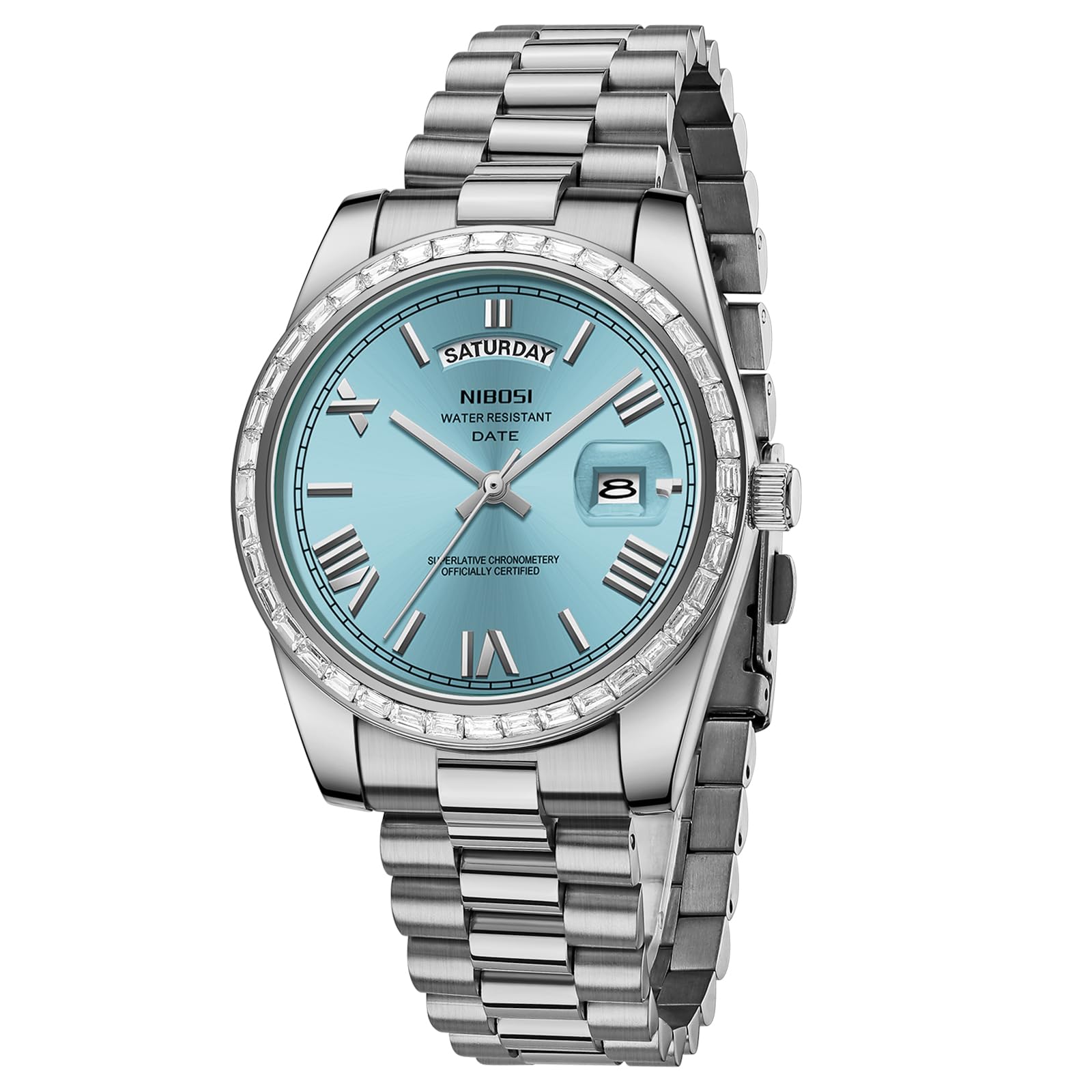 NIBOSI Men's Watches Analog Quartz Diamond Bezel Stainless Steel Dial Rose Gold Silver Watches for Men Waterproof Business Classic Dress Wrist Watch with Day Date