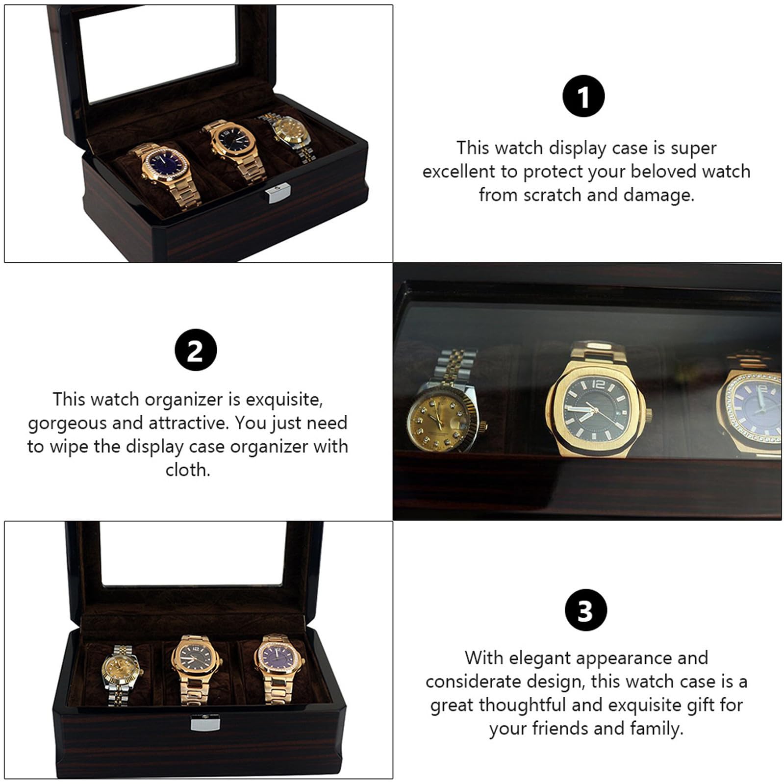 Cabilock Schwarze Holz Uhrenbox mit 3 Fächern als Aufbewahrungsorganizer | Armbanduhr Sicher Geschützt, Geschenk zum Geburtstag oder Valentinstag