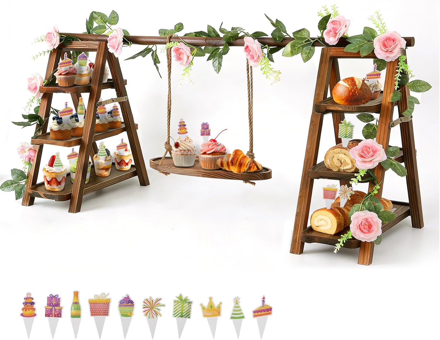 Wooden Cupcake Stand, 3 Tier Dessert Display Serving Tray with Swing and Flower Decoration, Foldable Tiered Ladders Stand for Party, Birthday, Wedding, Baby Shower, Table Food Display for Fruit Bread
