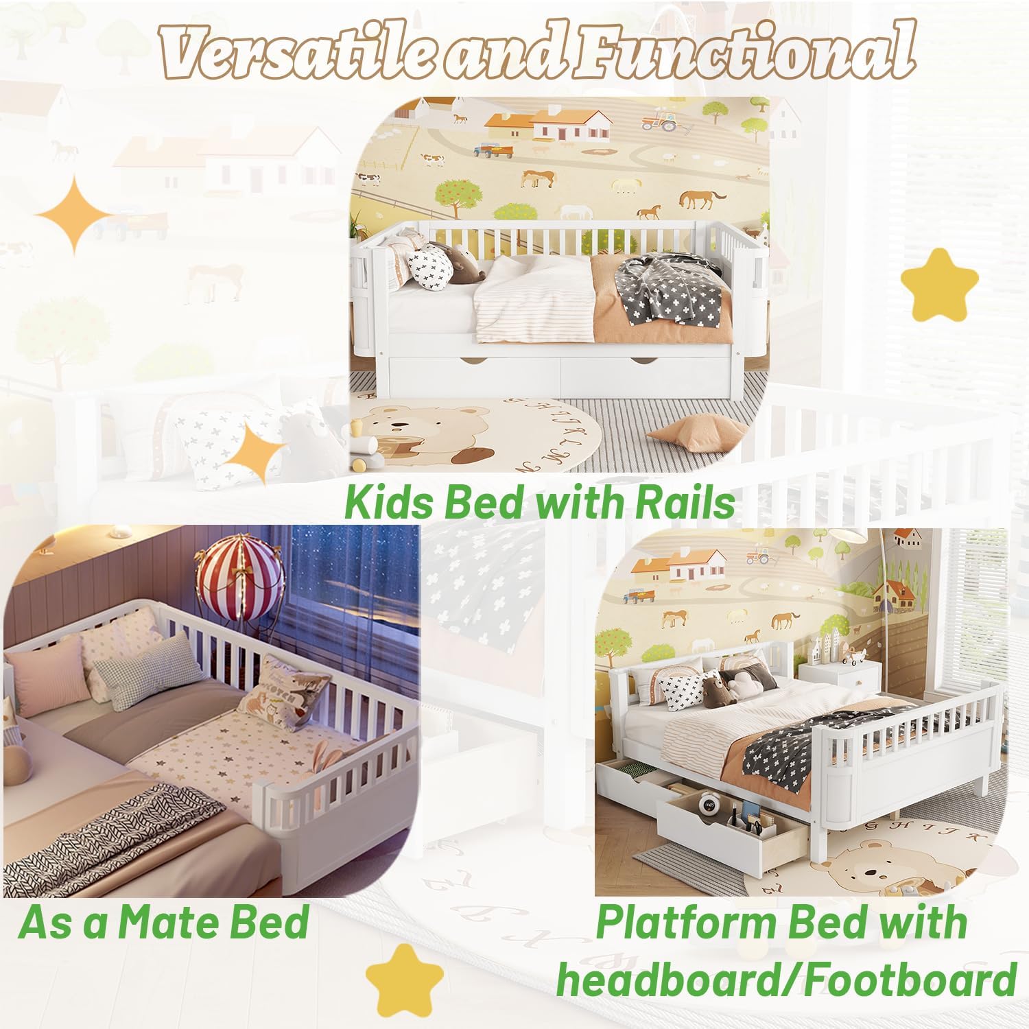Full Size Kids Bed Frame, Low Profile Montessori Bed Full with Rails, Wood Daybed with Storage Drawer for Girls & Boys, No Spring Box Required, No Squeaks, White