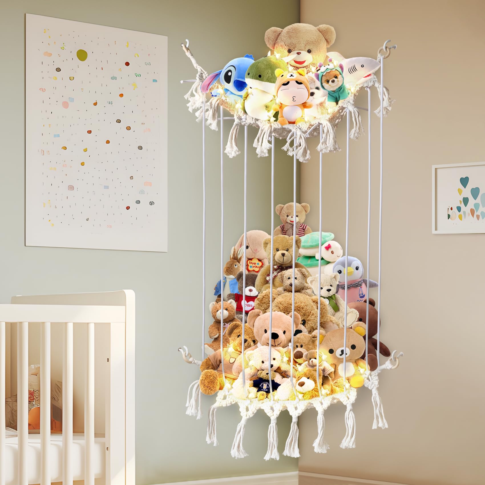 Stuffed Animal Net or Hammock, Length Adjustable Stuffed Animal Storage, Corner Plush Toys Holder with Lights, Boho Mesh Decoration Hanging Toy Organizer for Kids Bedroom