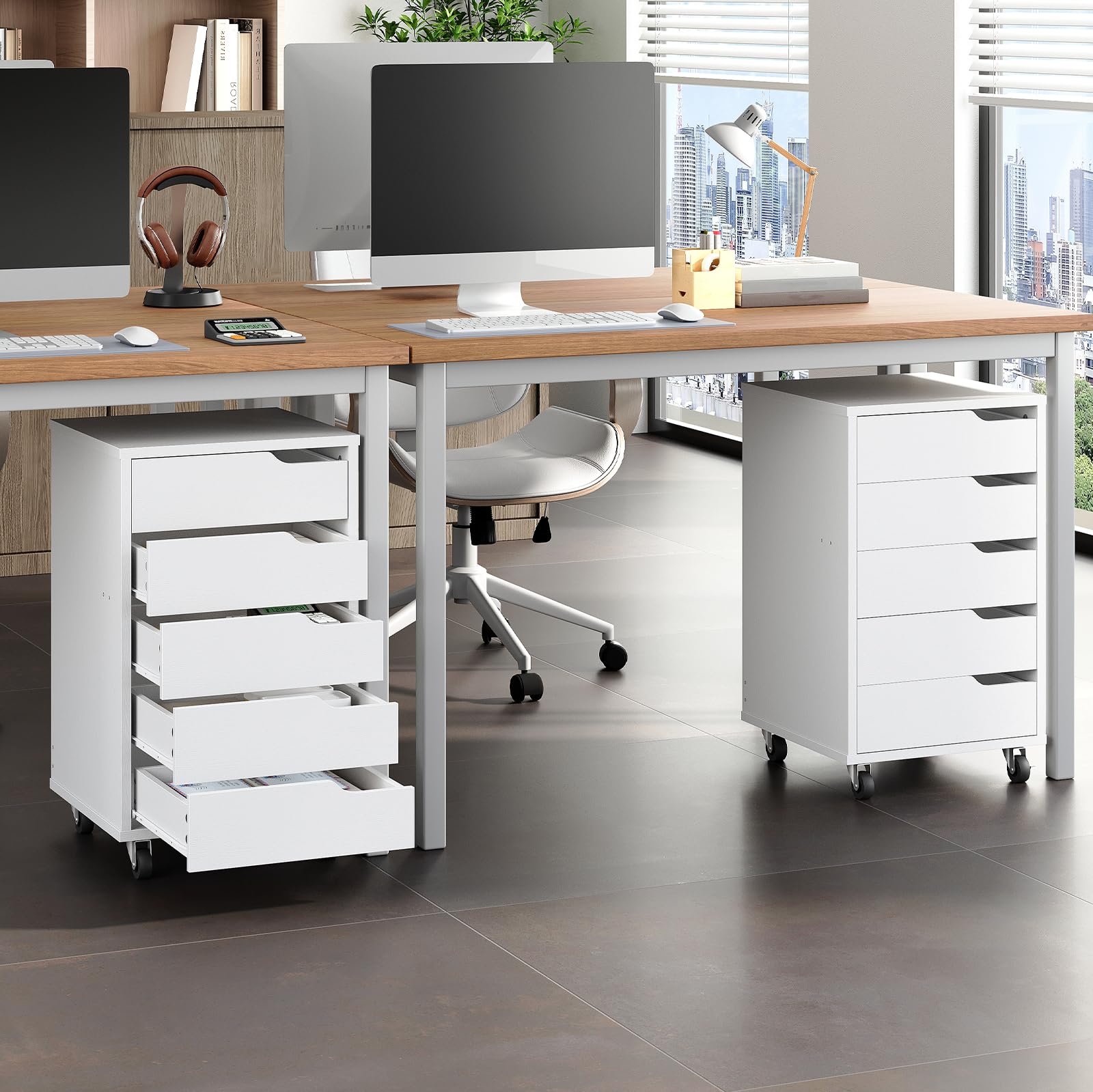 HOOBRO Rollcontainer mit 5 Schubladen, mobiler Aktenschrank mit 4 Lenkrollen, Schubladenschrank, Büroschrank, Bürocontainer, Schreibtisch Unterschrank für Arbeitszimmer und Wohnzimmer, Weiß EWT15WJ01