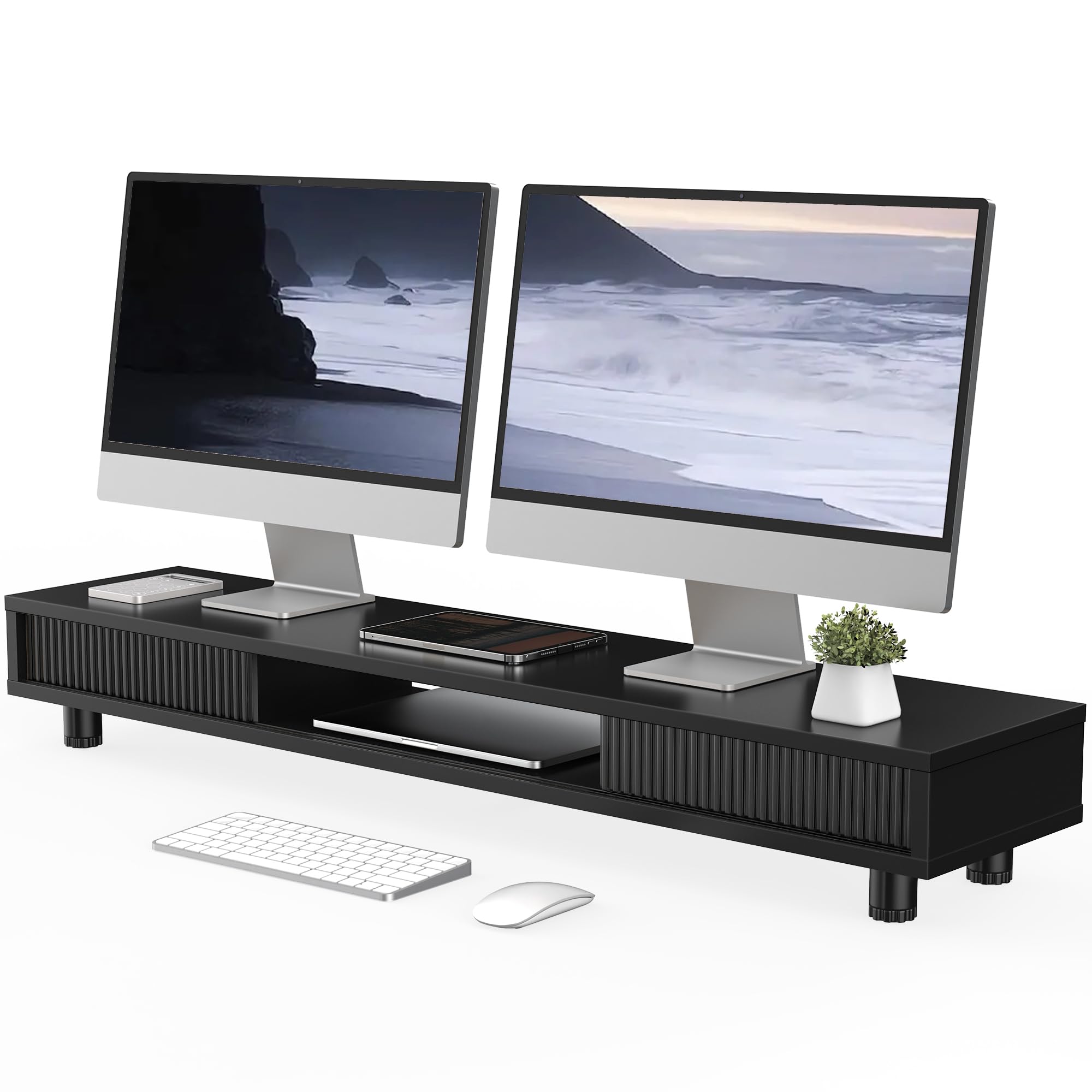 Fenge Supporto per Doppio Monitor in Legno 108cm , Grande Monitor Stand Riser, Organizer Scrivania con Porta Scorrevole, Supporto Ergonomico per PC/Laptop/Stampante, 108x23,5x(15,2-16,7) cm, Nero