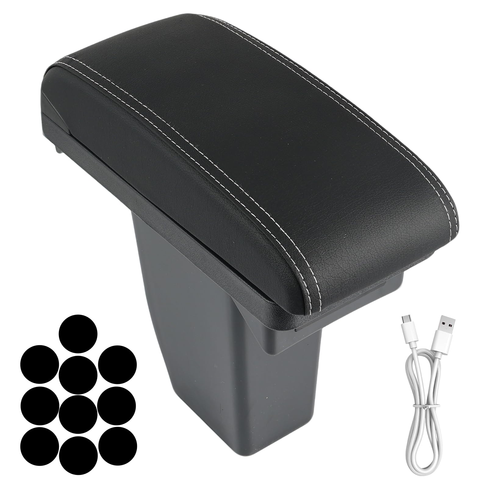 XUKEY Reposabrazos de Doble Capa de Cuero Negro con Consola Central, 2008, con Caja de Almacenamiento - Black with White Thread