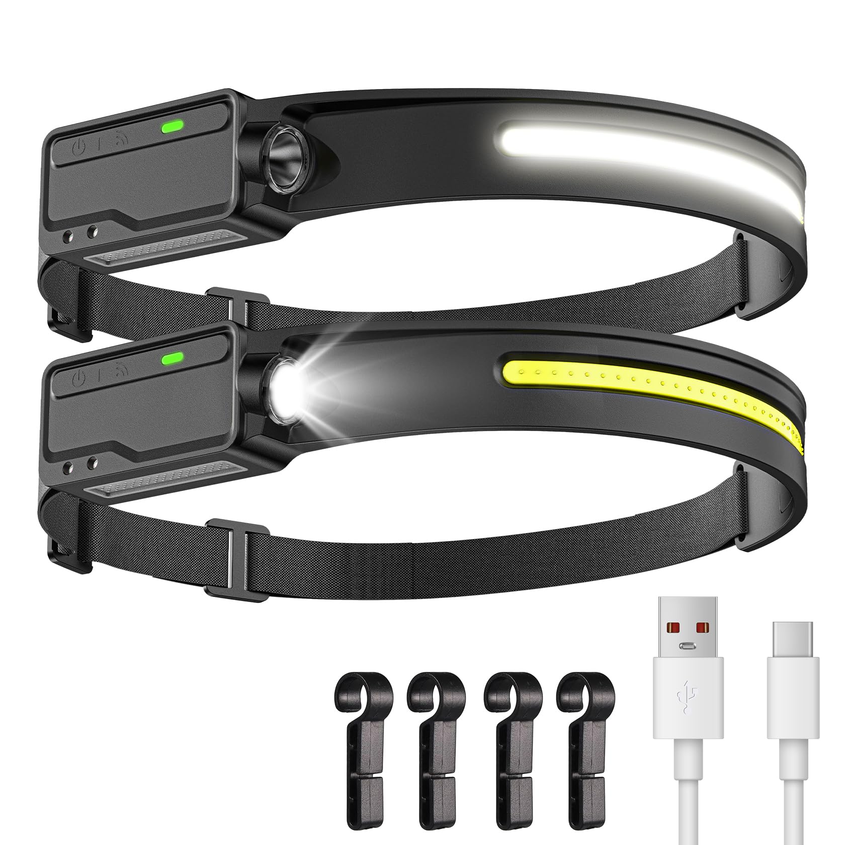 LED-Stirnlampe Wiederaufladbar Wasserdicht, Bewegungssensor HardHat Stirnlampe mit Clips, 230°Wide Beam Kopflampe 6 Modi, für Erwachsene, Kinder, Camping, Laufen, Wandern, 2 Pack