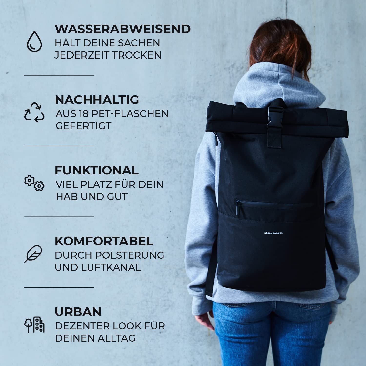 URBAN ZWEIRAD - Rollrucksack - Rolltop Rucksack für Damen & Herren aus PET-Flaschen - Rolltop für Freizeit, Uni & Schule etc. - Wasserabweisender Rolltop Rucksack